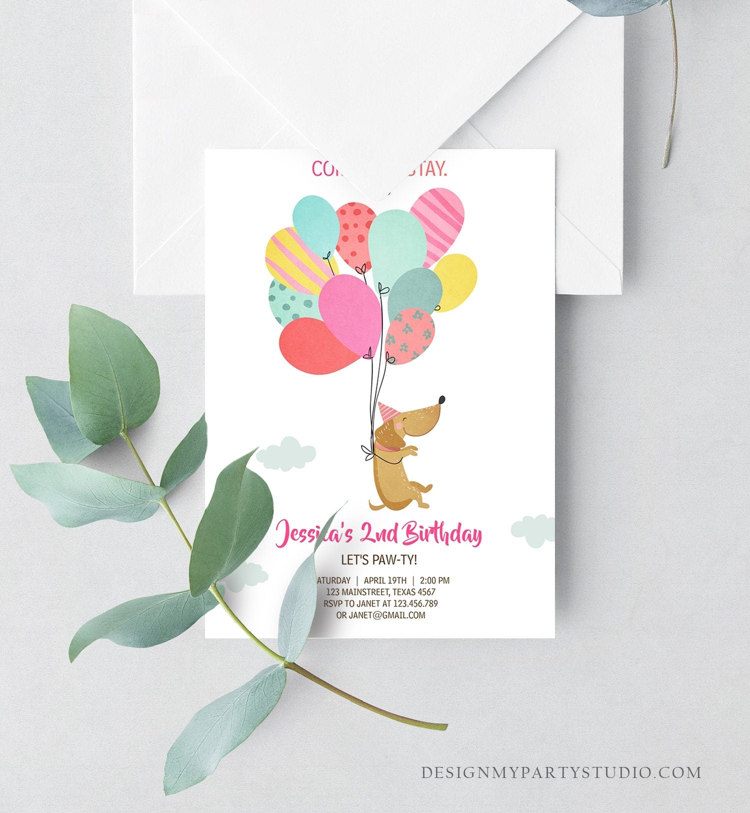 Editable Dog Invitation Dog Party Puppy Party Invite Dog Birthday paw-ty Invite Pink Girl Dog Theme Download Printable Template Corjl 0279