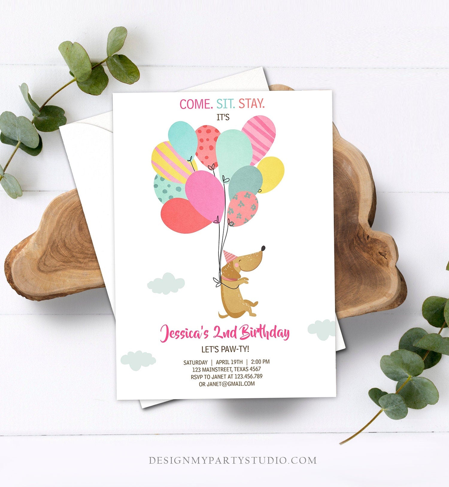 Editable Dog Invitation Dog Party Puppy Party Invite Dog Birthday paw-ty Invite Pink Girl Dog Theme Download Printable Template Corjl 0279