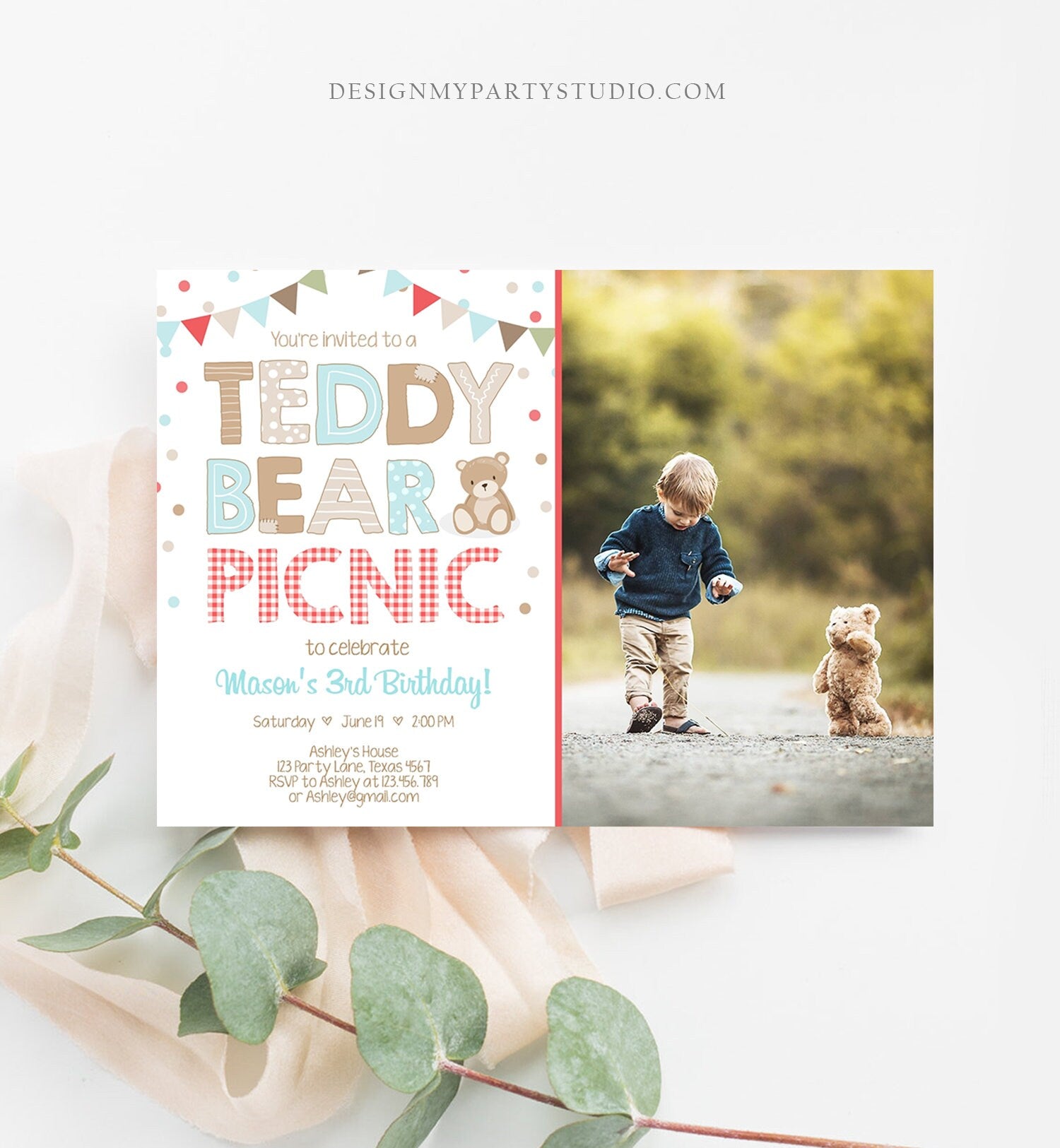 Editable Teddy Bear Picnic Birthday Invitation Boy Blue Brown Red Gingham Bear Picnic Outdoor First Birthday Digital Corjl Template 0100