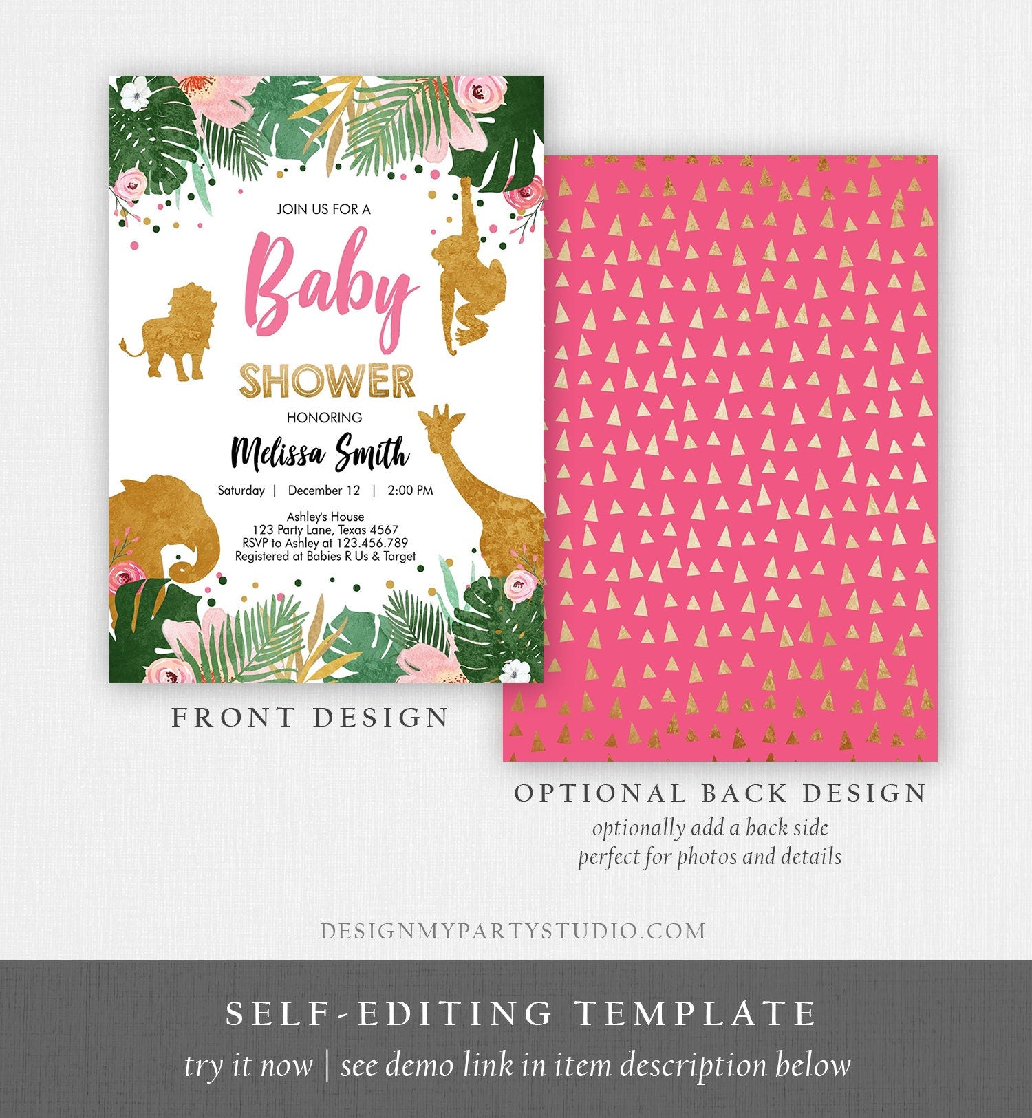 Editable Safari Animals Baby Shower Invitation Wild One Jungle Zoo Wild Animals Pink Gold Girl Corjl Template Instant Download Digital 0016