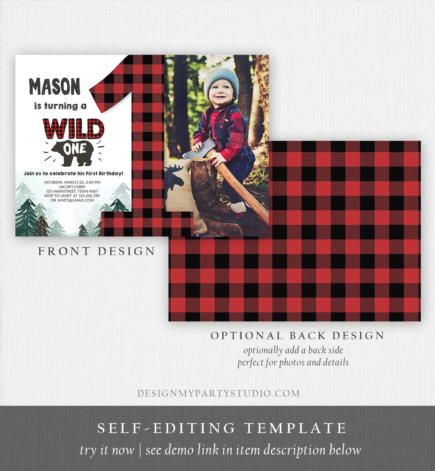 Editable Lumberjack Wild One Birthday Invitation First Birthday Forest Trees Red Plaid Outdoor Bear Boy 1st Printable Corjl Template 0377