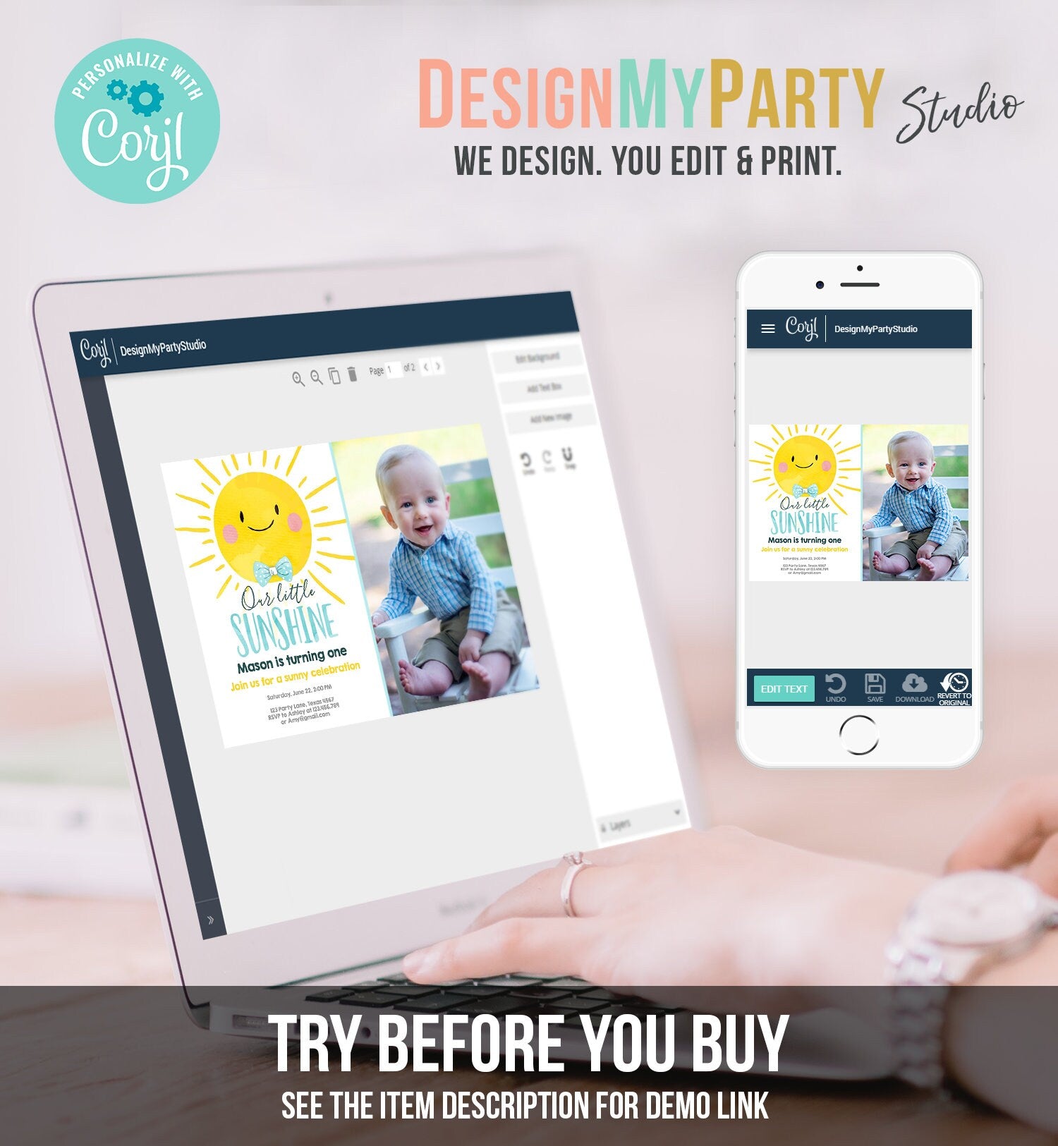 Editable Birthday Invitation Little Sunshine Summer Sunshine Party Boy Birthday Blue Digital Download Evite Template Printable 0141