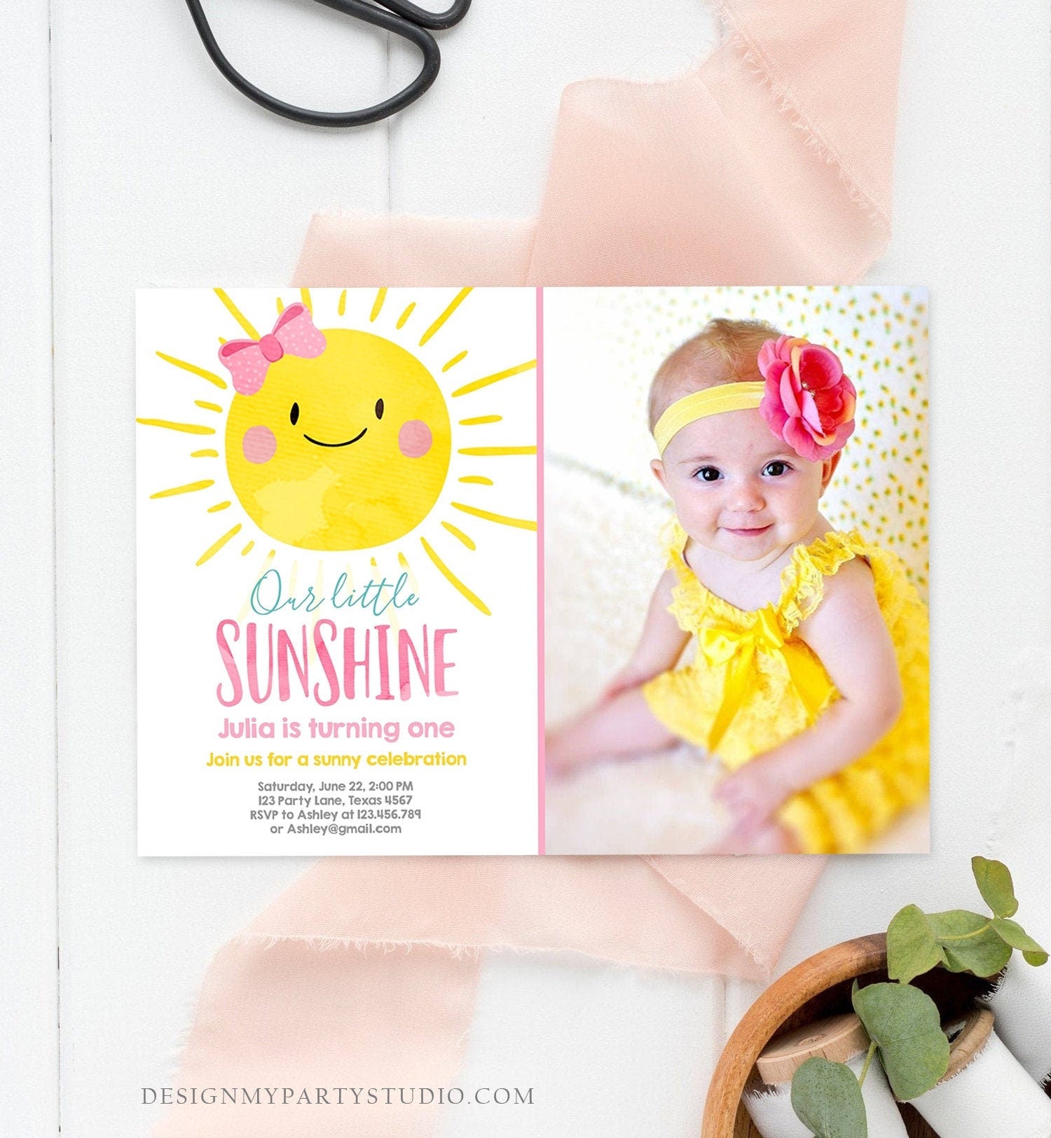 Editable Sunshine Birthday Party Invitation Summer Sunshine Party 1st Birthday Invite Pink Girl Around the Sun Printable Template Evite 0141