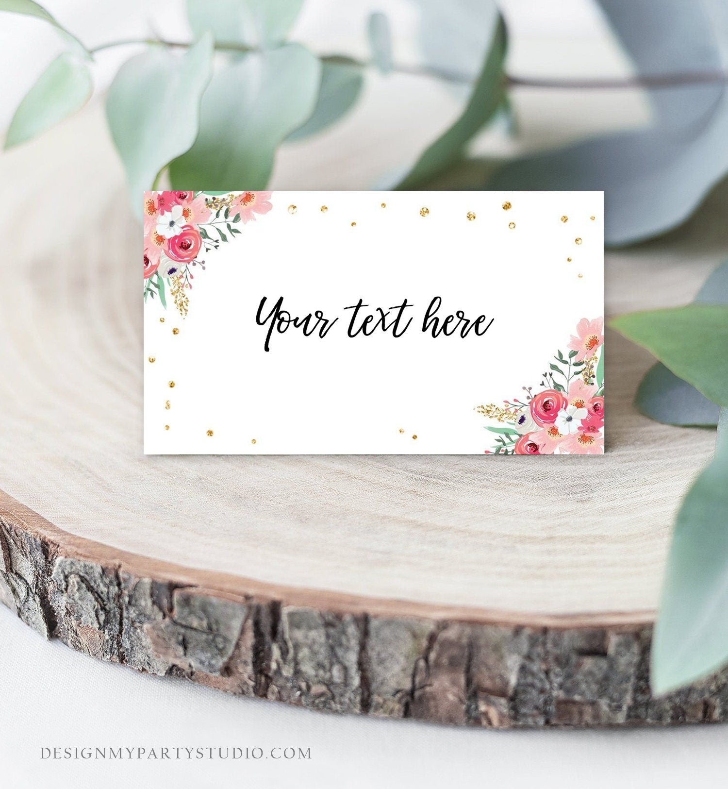 Editable Floral Food Labels Place Card Tent Card Insert Card Bridal Shower Pink Flowers Gold Confetti Digital Template Printable 0030 0318
