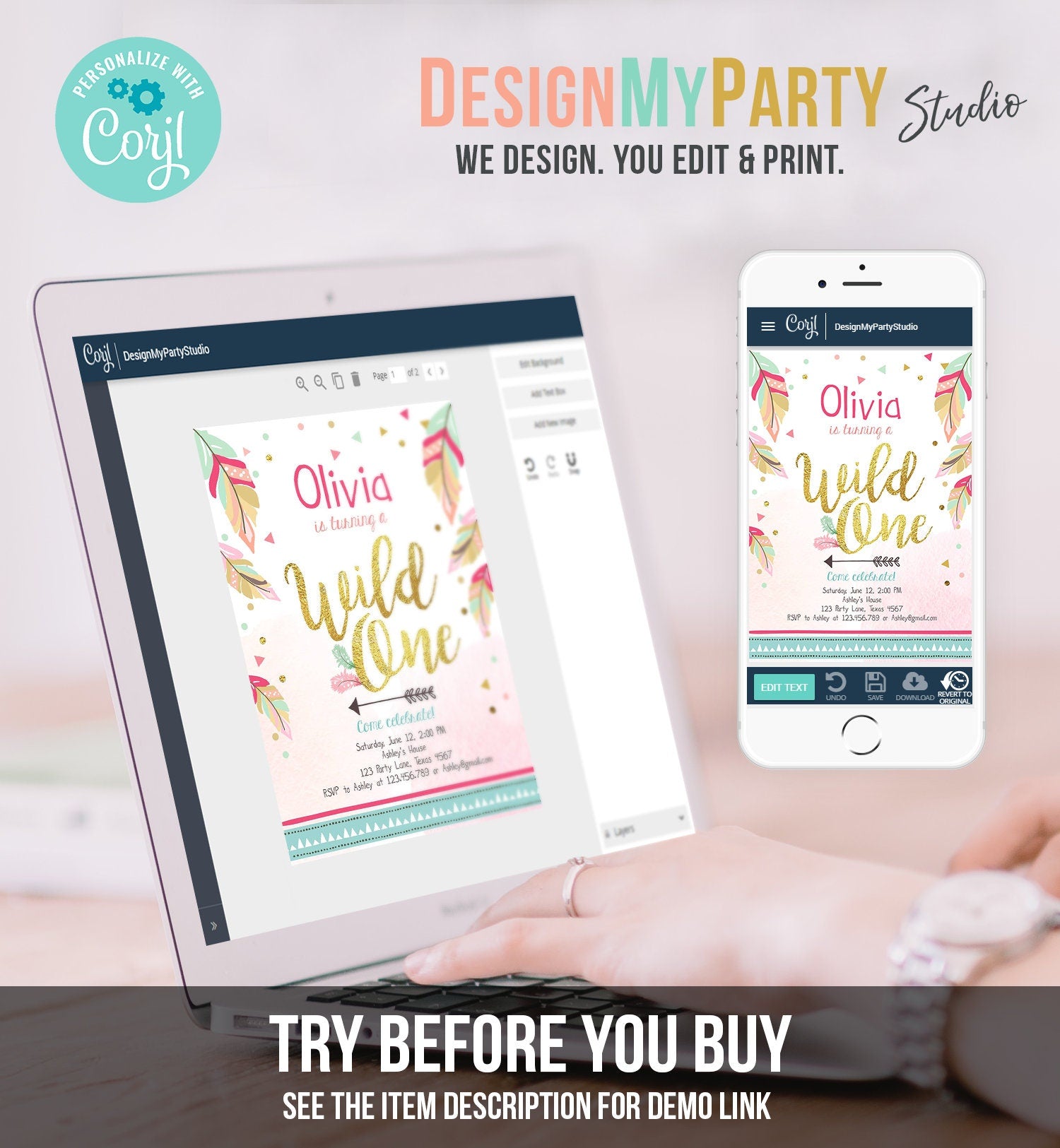 Editable Wild One Invitation Tribal Feathers Girl Pink Teal Gold First Birthday 1st Boho Digital Download Corjl Template Printable 0038