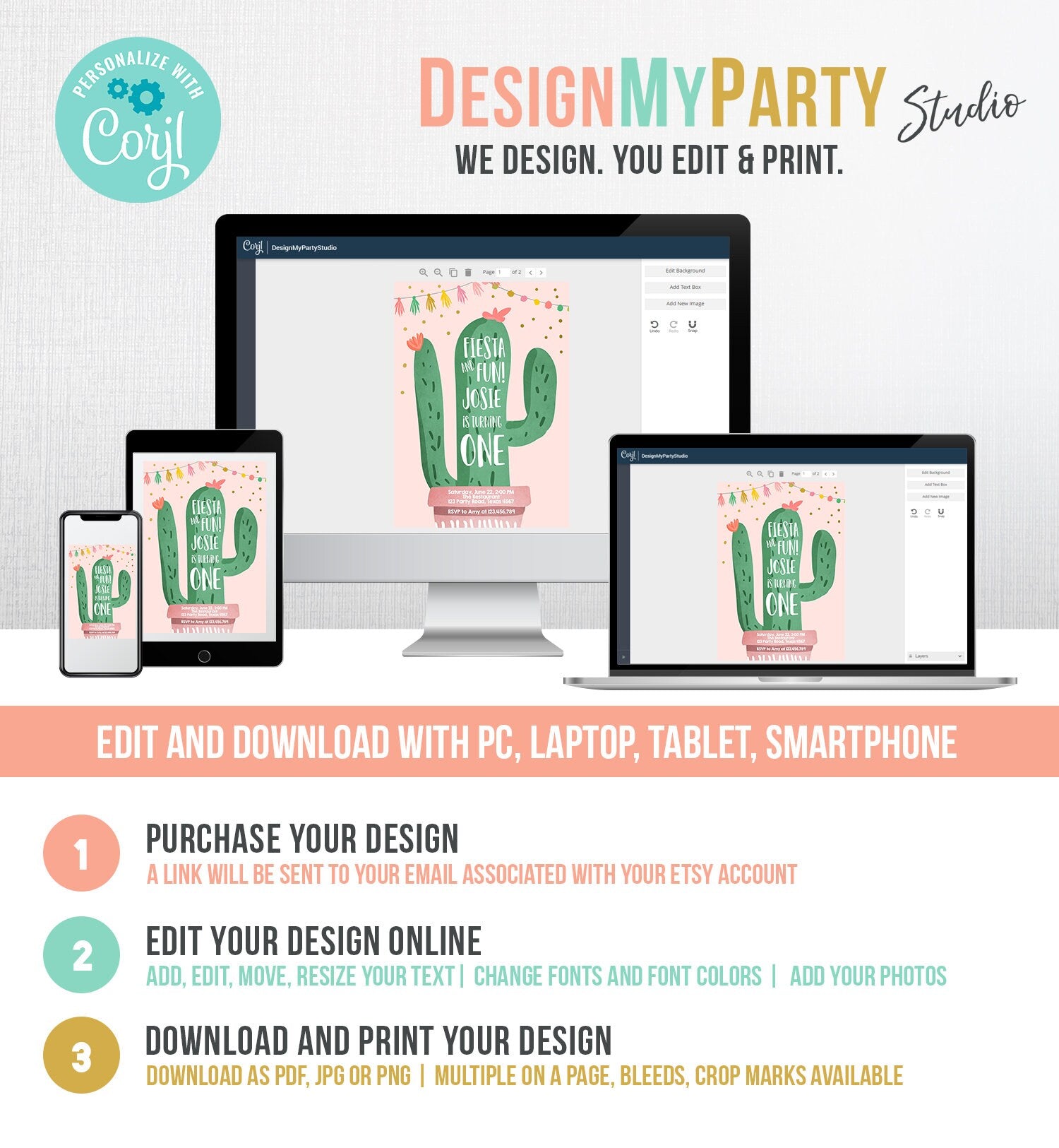 Editable Cactus Fiesta Birthday Invitation Girl Pink First Birthday Succulent 1st Mexican Fiesta Fun Evite Download Template Printable 0255