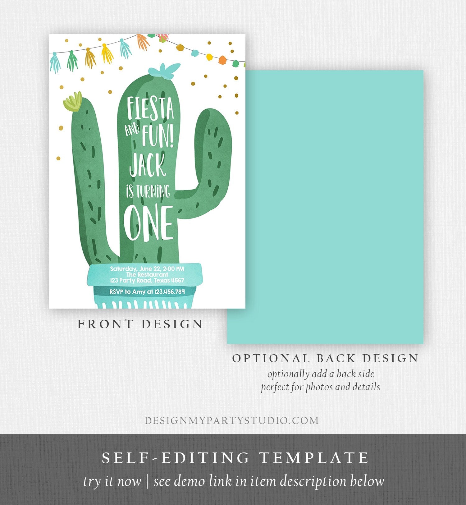 Editable Fiesta and Fun Birthday Invitation Boy Blue First Birthday Cactus Succulent 1st Mexican Digital Download Template Printable 0255