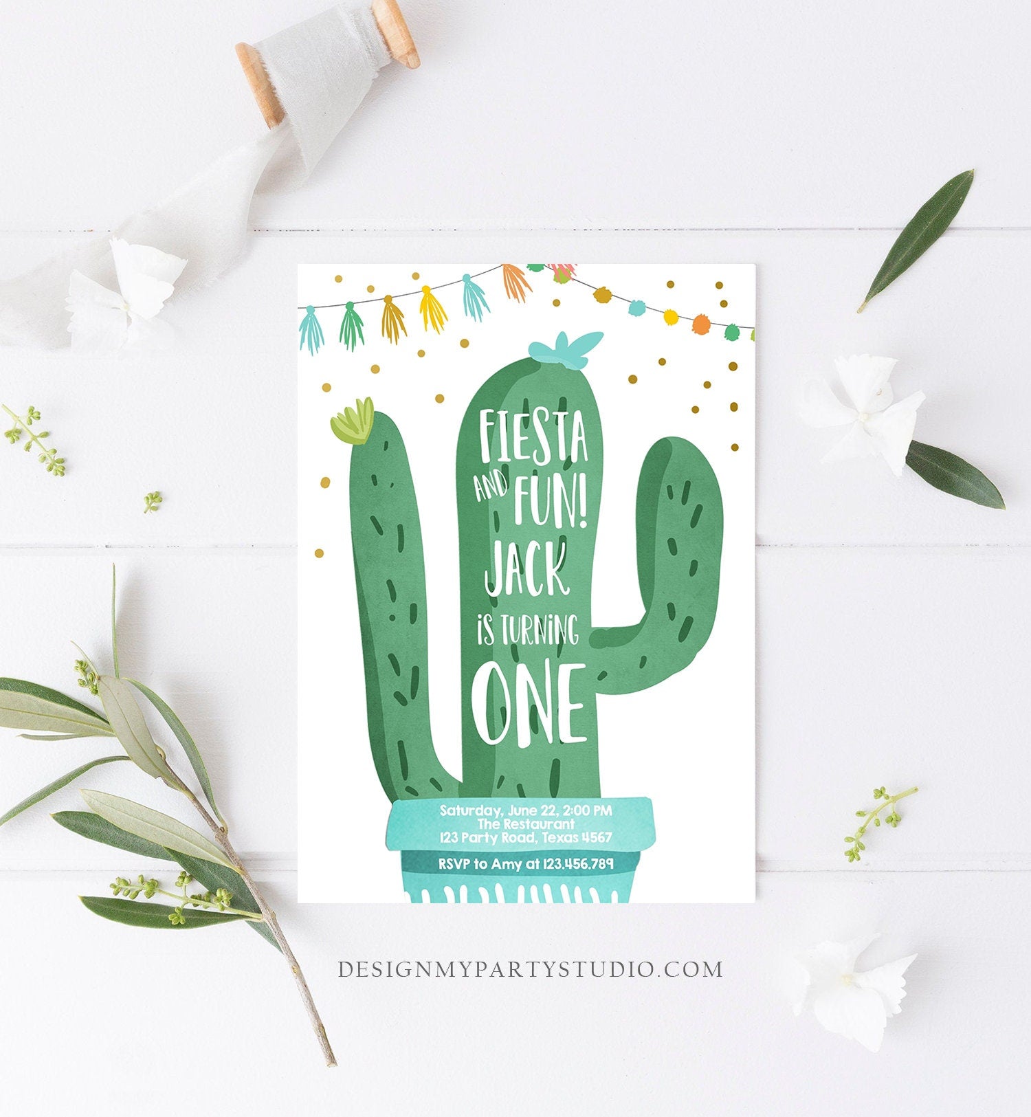 Editable Fiesta and Fun Birthday Invitation Boy Blue First Birthday Cactus Succulent 1st Mexican Digital Download Template Printable 0255