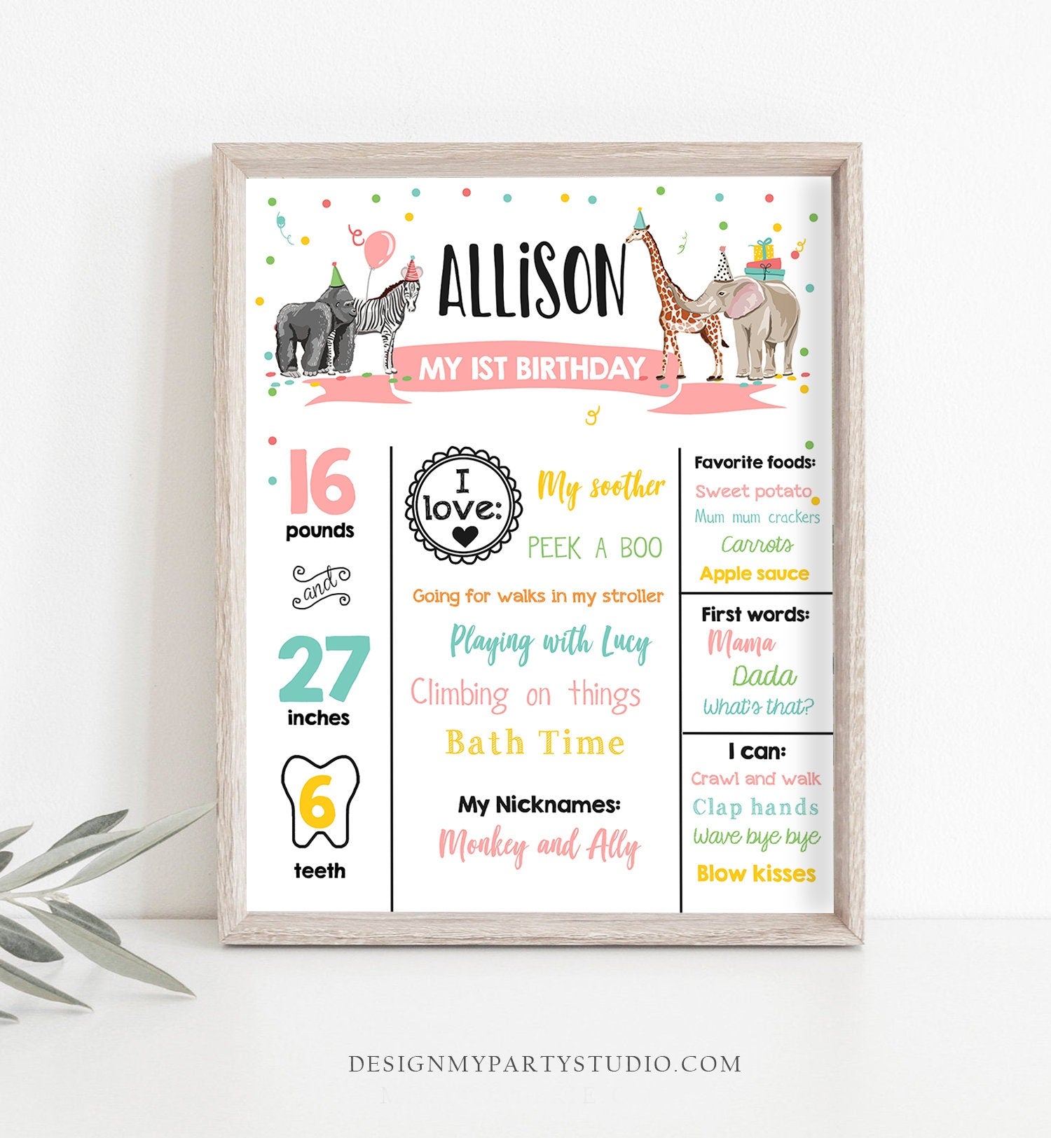 Editable Party Animals Birthday Milestone Girl Pink Sign Wild One Animals Zoo Safari First Birthday 1st Digital Template Printable 0142