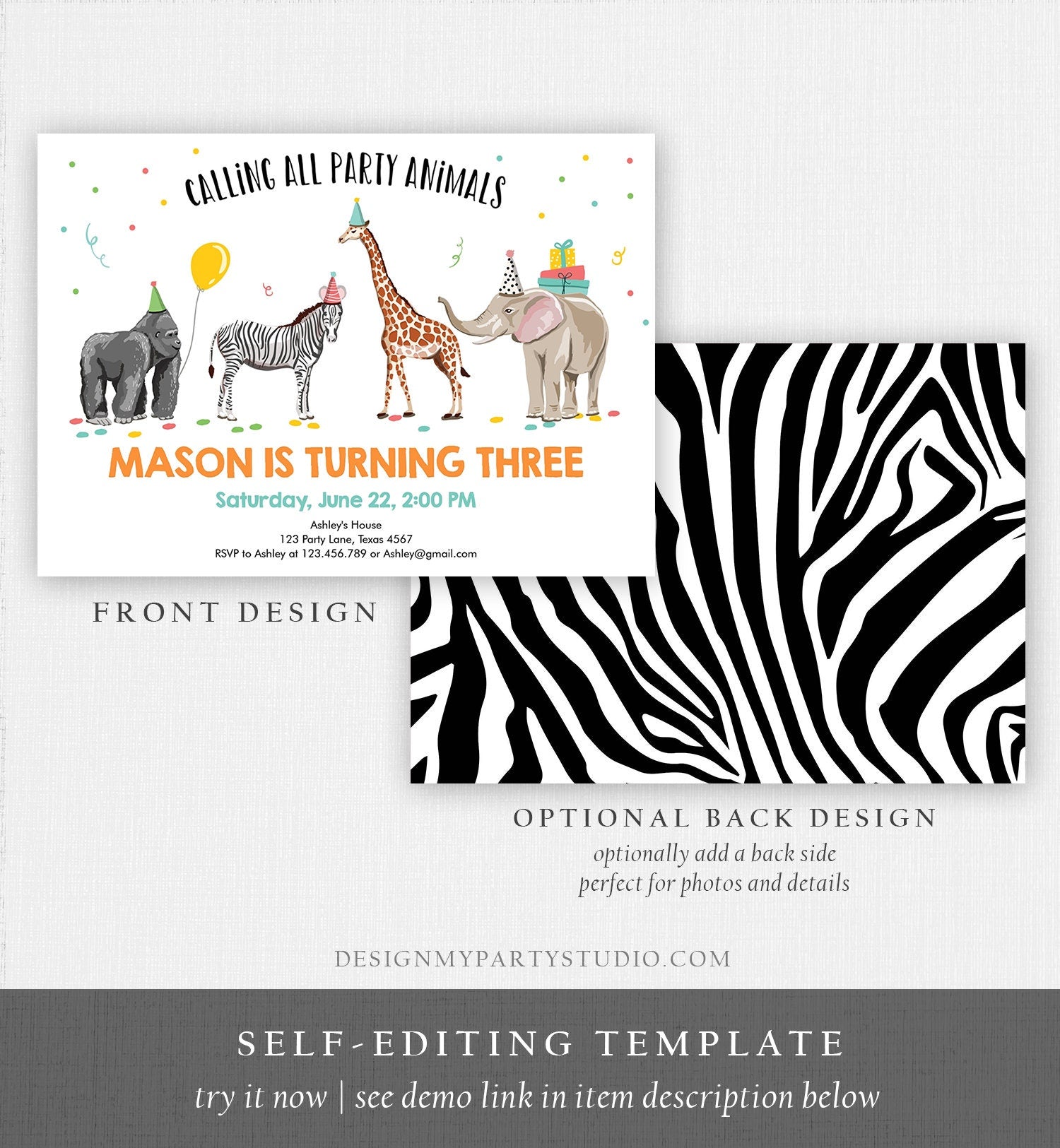 Editable Party Animals Birthday Invitation Wild One Animals Invite Zoo Safari Animals Boy Digital Download Printable Template Evite 0142