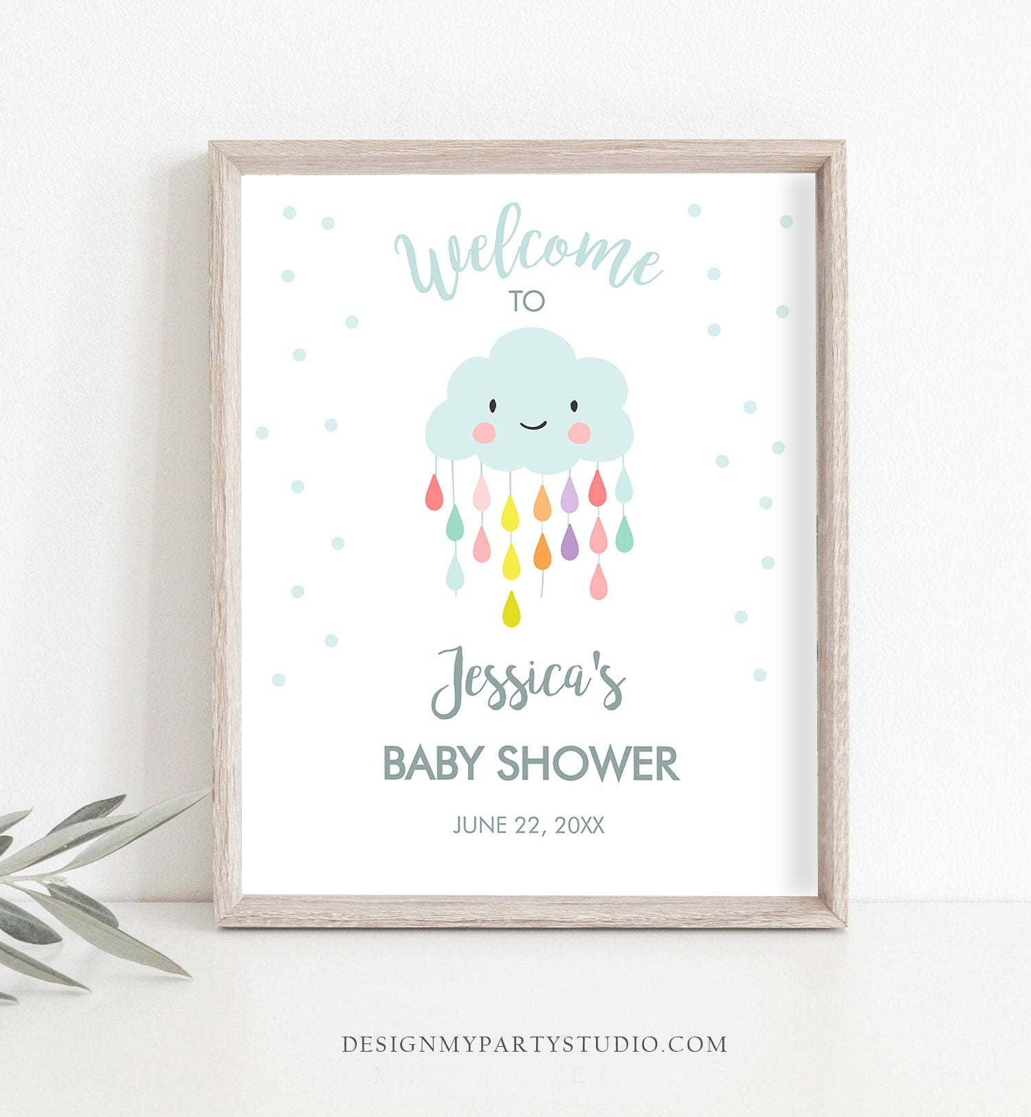 Editable Welcome Sign Baby Shower Cloud Welcome Baby Sprinkle Raindrops Rain Cloud Rainbow Gender Neutral Digital Template PRINTABLE 0036