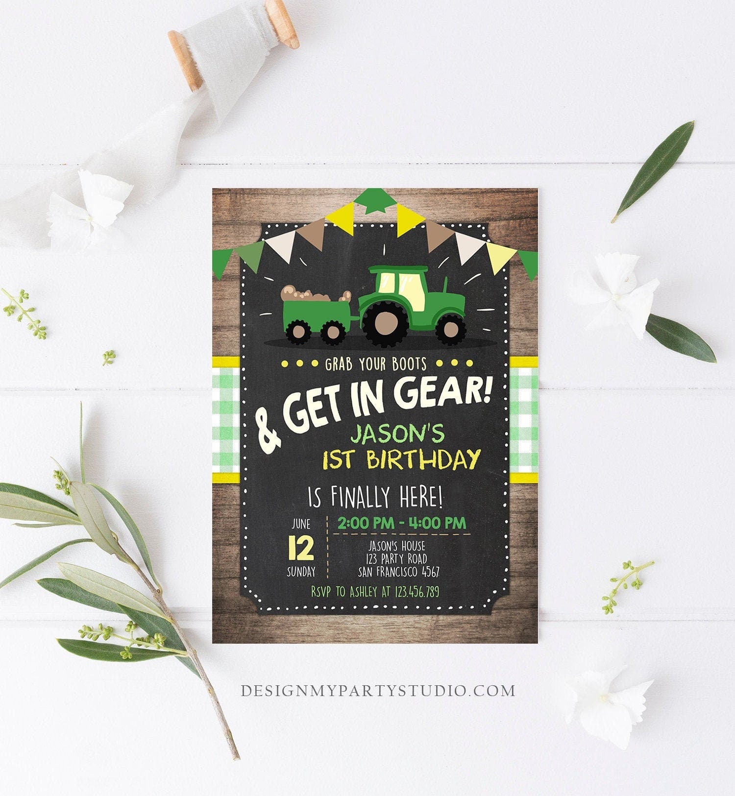 Editable Tractor Birthday Invitation Farm Birthday Barnyard Green Yellow Birthday Boy Download Printable Invitation Template Corjl 0095