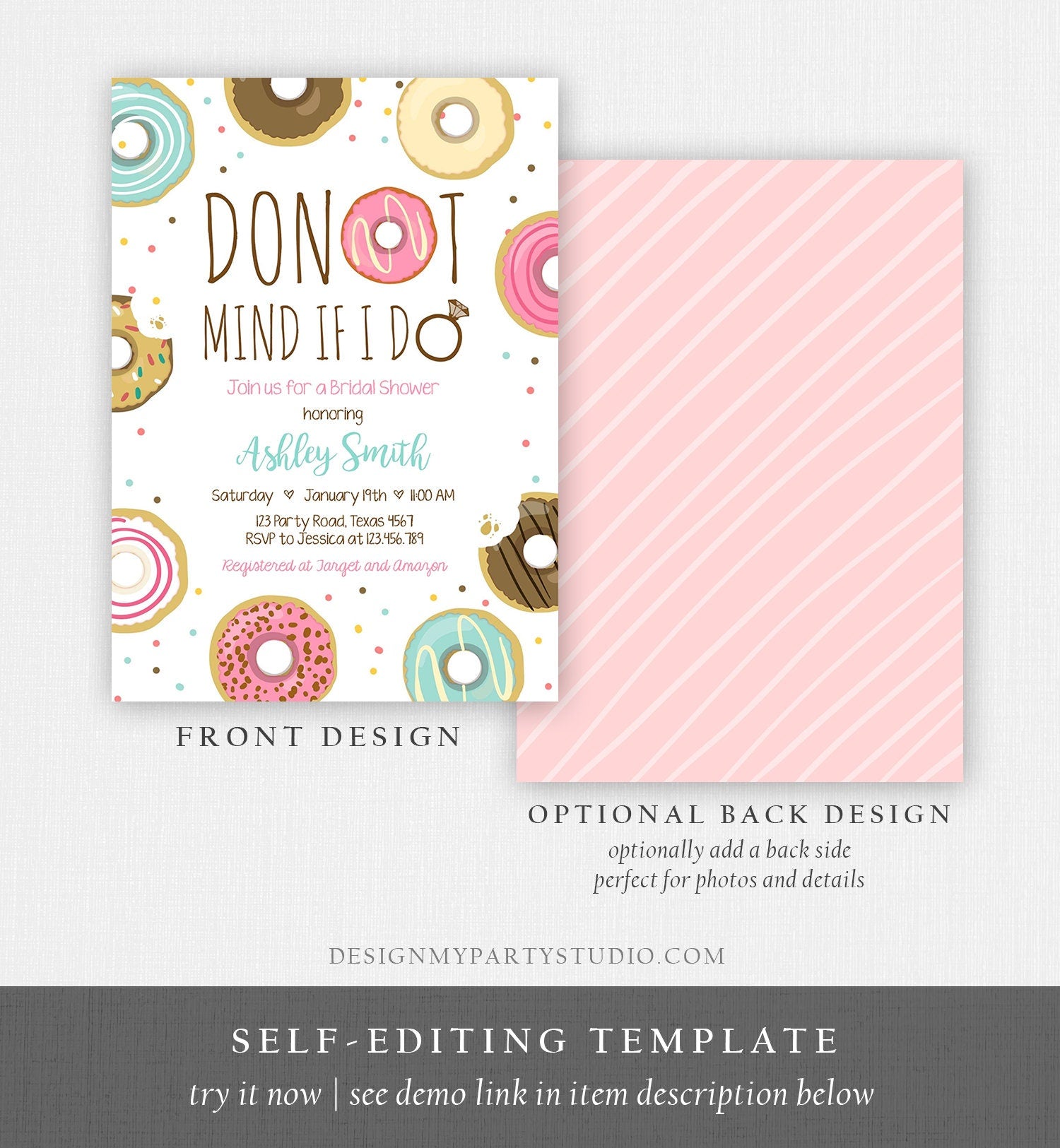 Editable Donut Mind If I Do Bridal Shower Invitation Sweet Pink Teal Ring Doughnut Donut and Diamonds Coed Joined Shower Corjl Template 0050