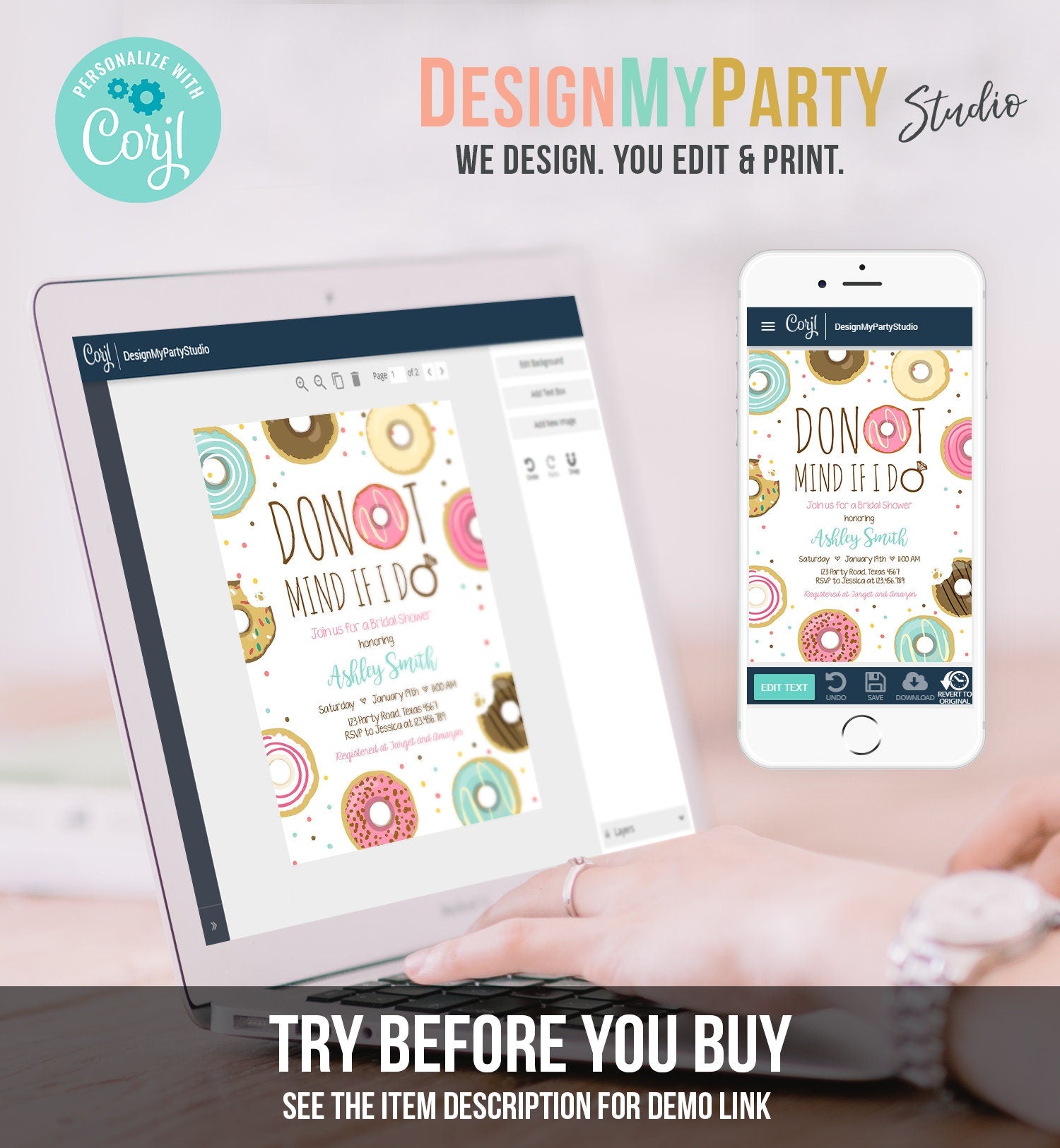 Editable Donut Mind If I Do Bridal Shower Invitation Sweet Pink Teal Ring Doughnut Donut and Diamonds Coed Joined Shower Corjl Template 0050