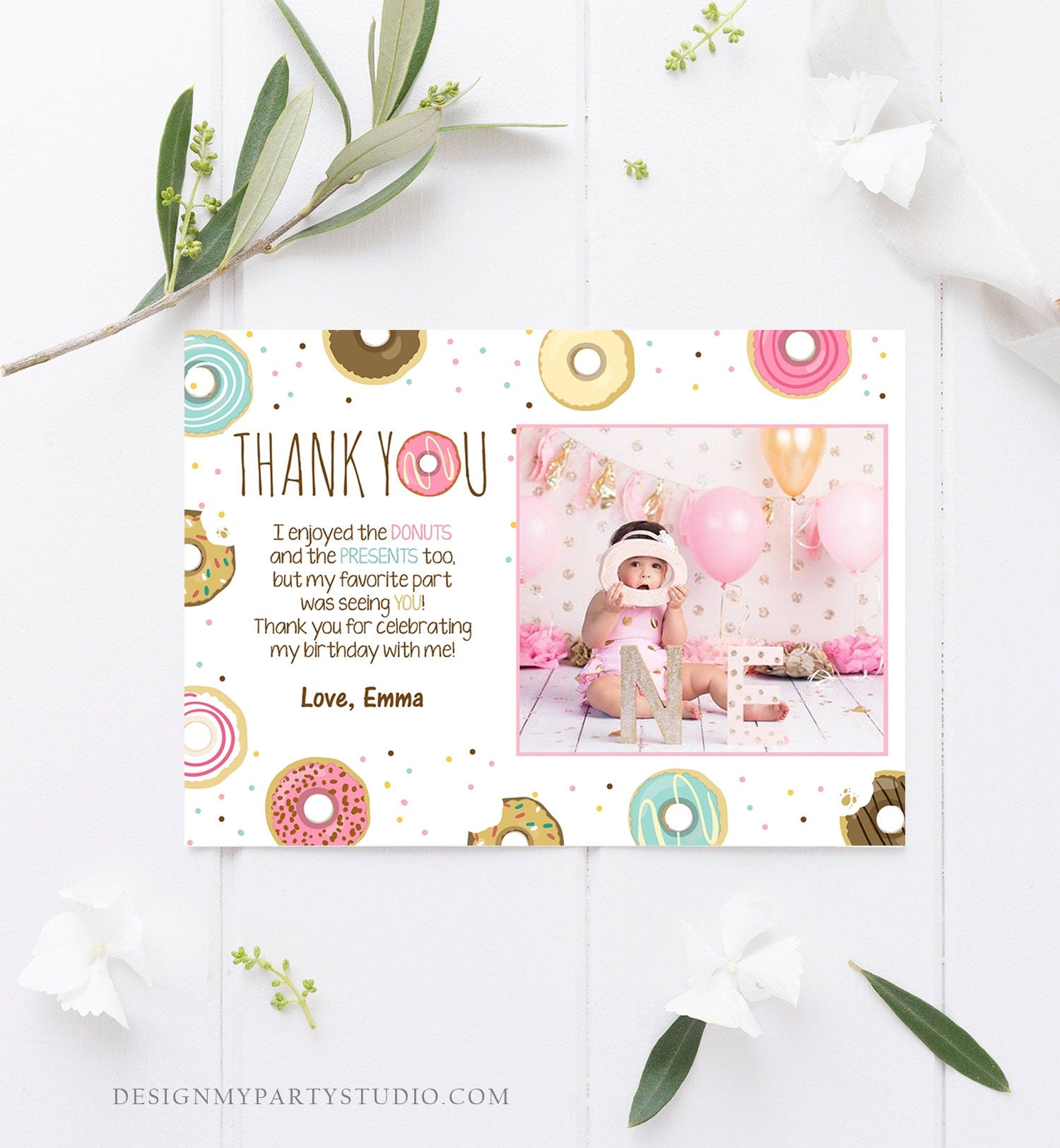 Editable Donut Thank You Card Note Pink Girl Birthday Party Doughnut Thank You Photo Sweet First 1st Digital Template Printable 0050