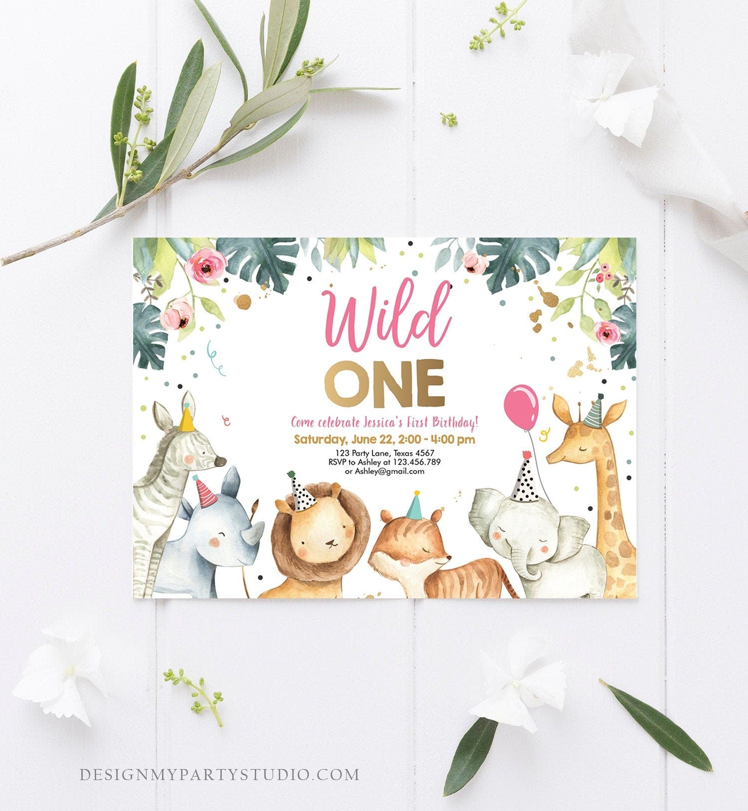 Editable Wild One Birthday Invitation Girl Safari Animals Invite Pink and Gold Party Animals Digital Download Evite Template Printable 0163