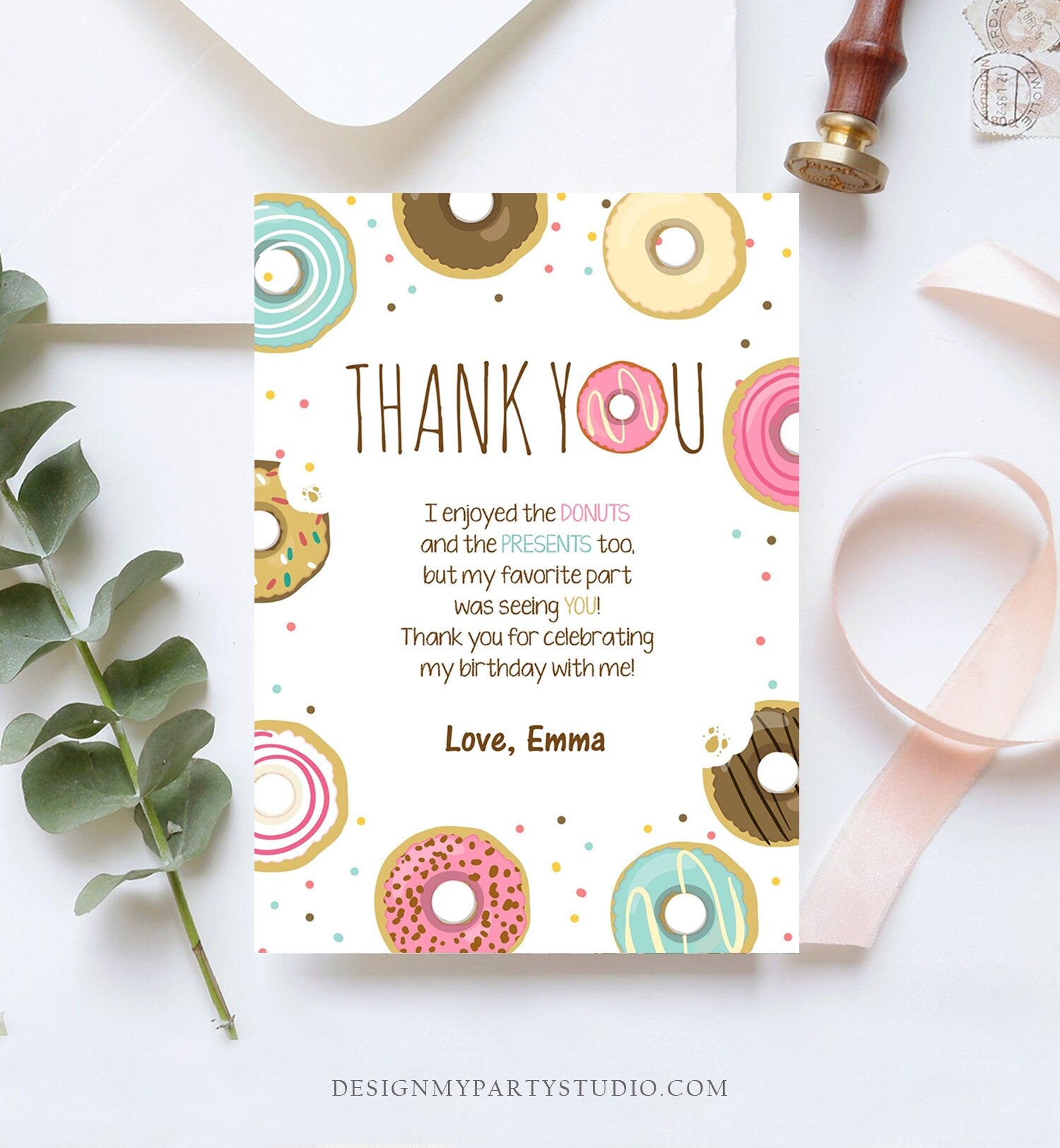Editable Donut Thank You Card Note Pink Girl Birthday Party Doughnut Thank You Photo Sweet First Birthday 1st Corjl Template Printable 0050