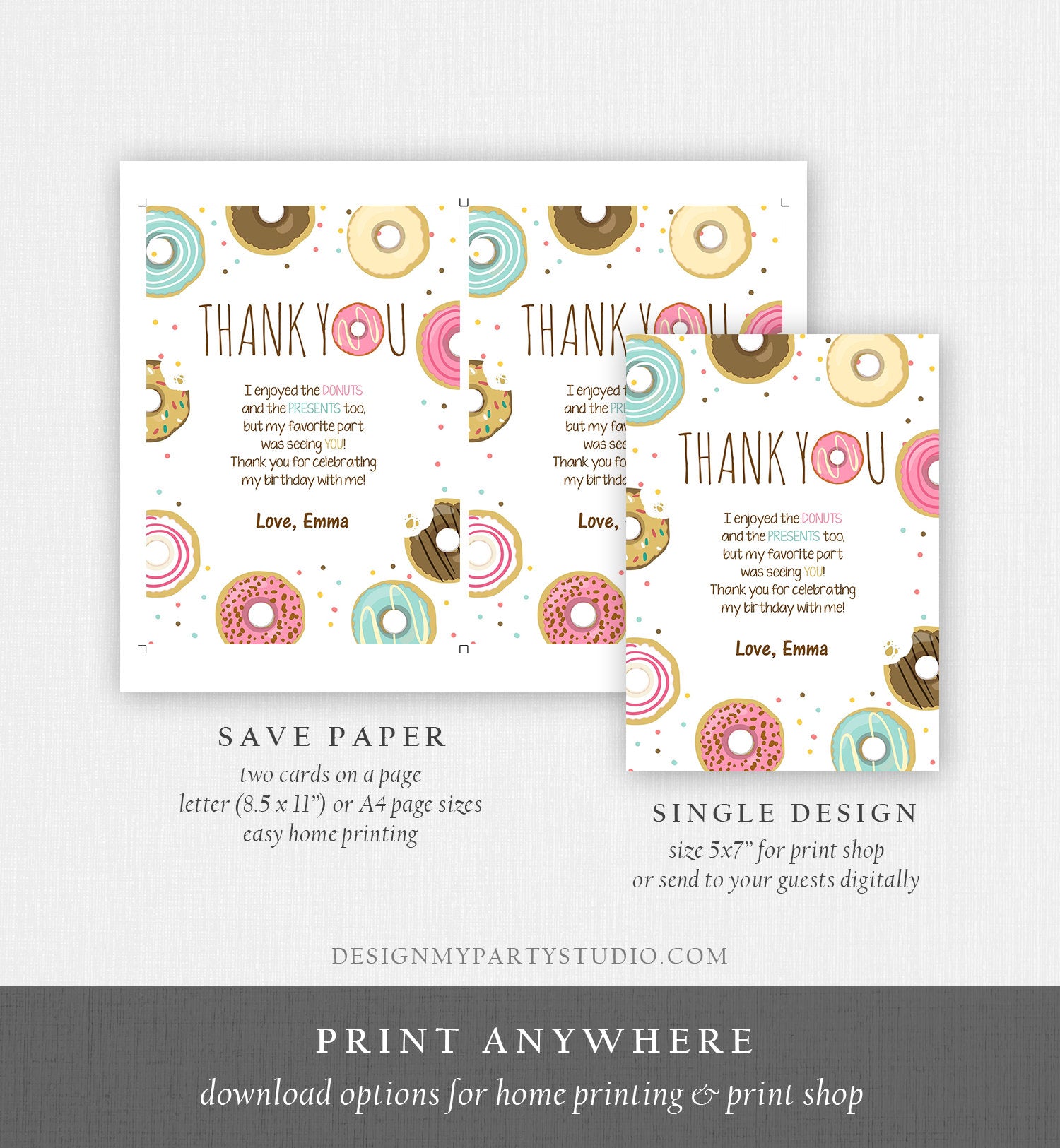 Editable Donut Thank You Card Note Pink Girl Birthday Party Doughnut Thank You Photo Sweet First Birthday 1st Corjl Template Printable 0050
