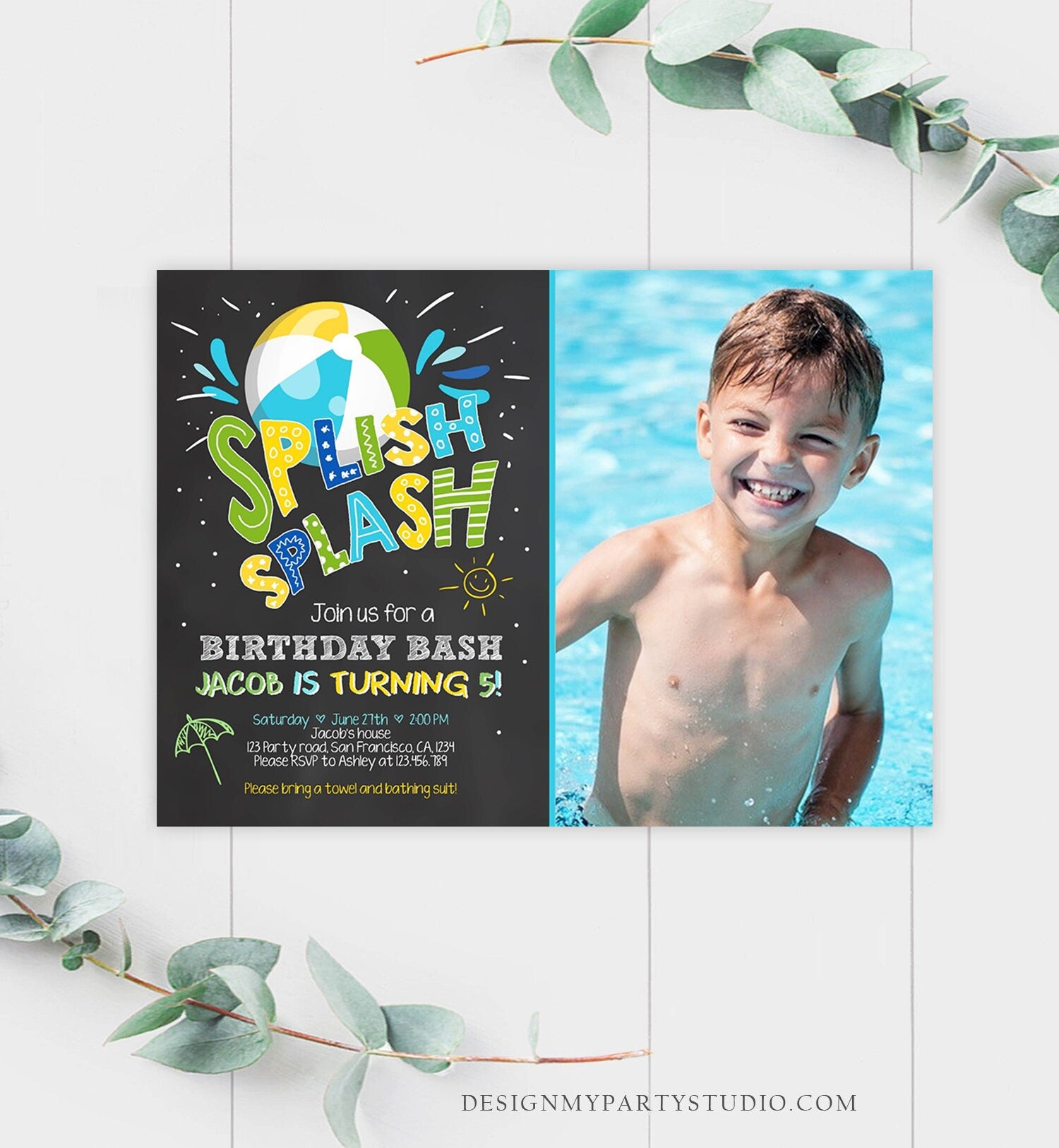 Editable Splish Splash Birthday Invitation Pool Party Boy Beach Ball Blue Green Birthday Bash Download Printable Invite Template Corjl 0169