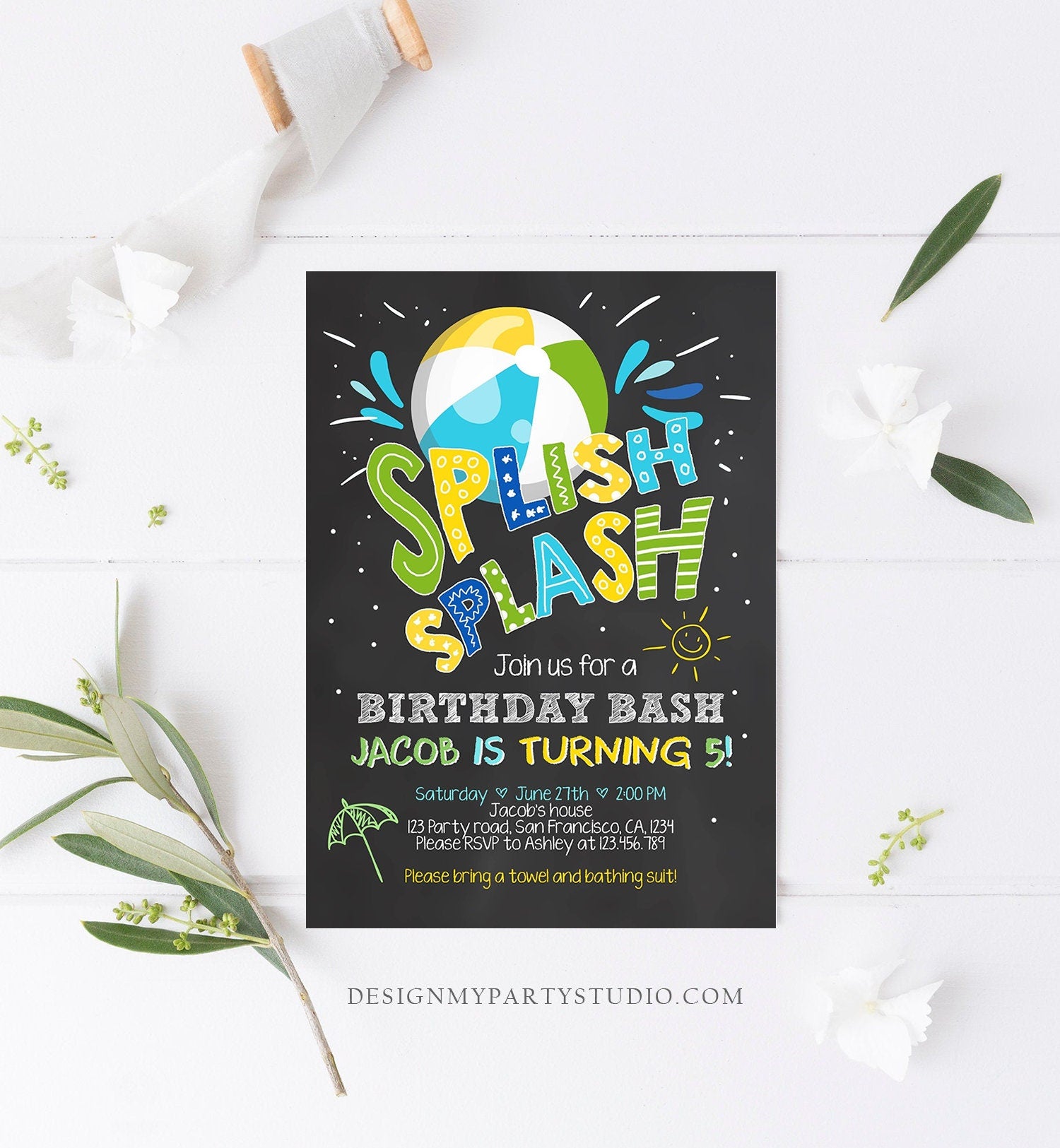Editable Splish Splash Birthday Invitation Pool Party Boy Beach Ball Blue Green Birthday Bash Download Printable Invite Template Corjl 0169