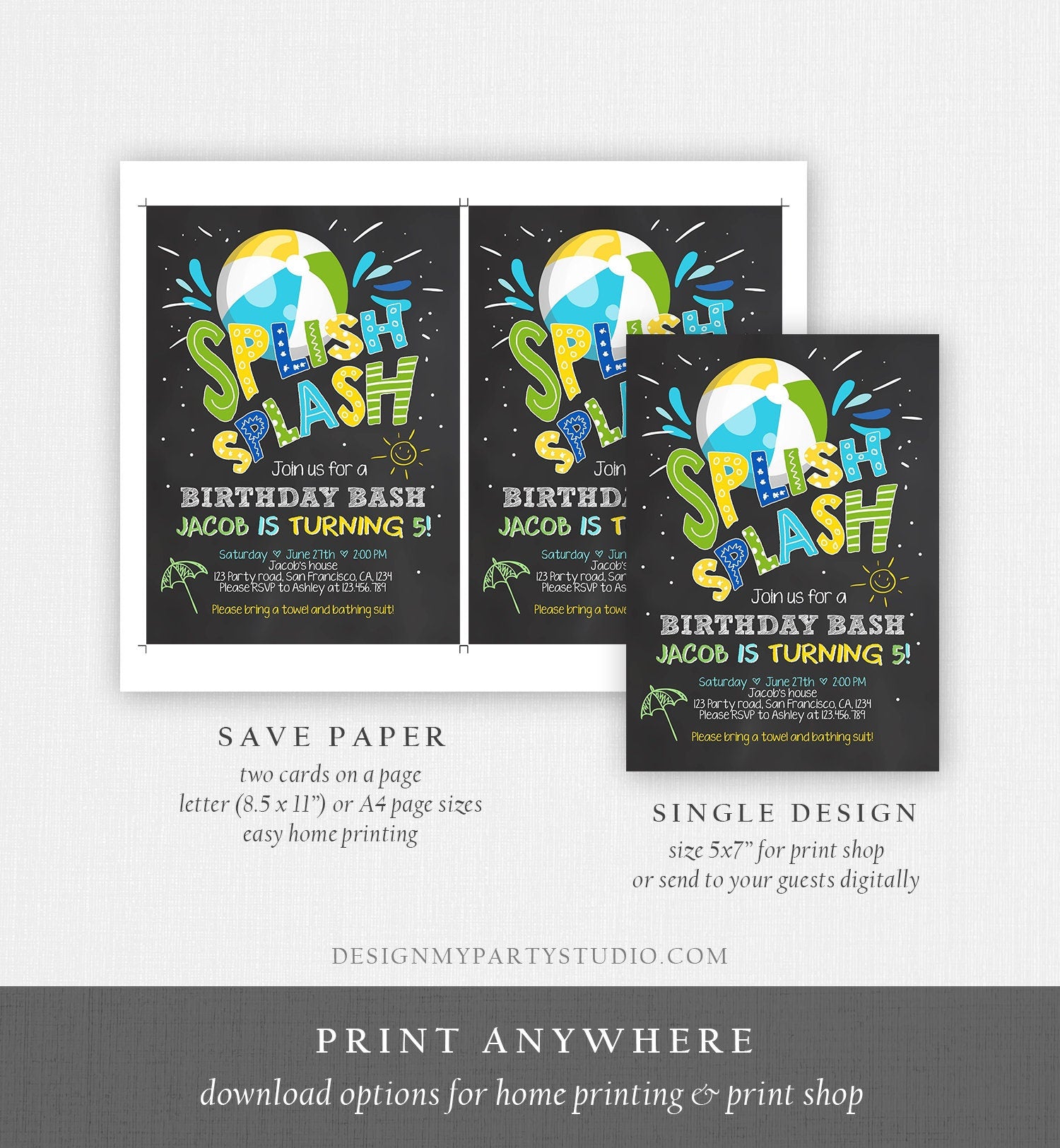 Editable Splish Splash Birthday Invitation Pool Party Boy Beach Ball Blue Green Birthday Bash Download Printable Invite Template Corjl 0169
