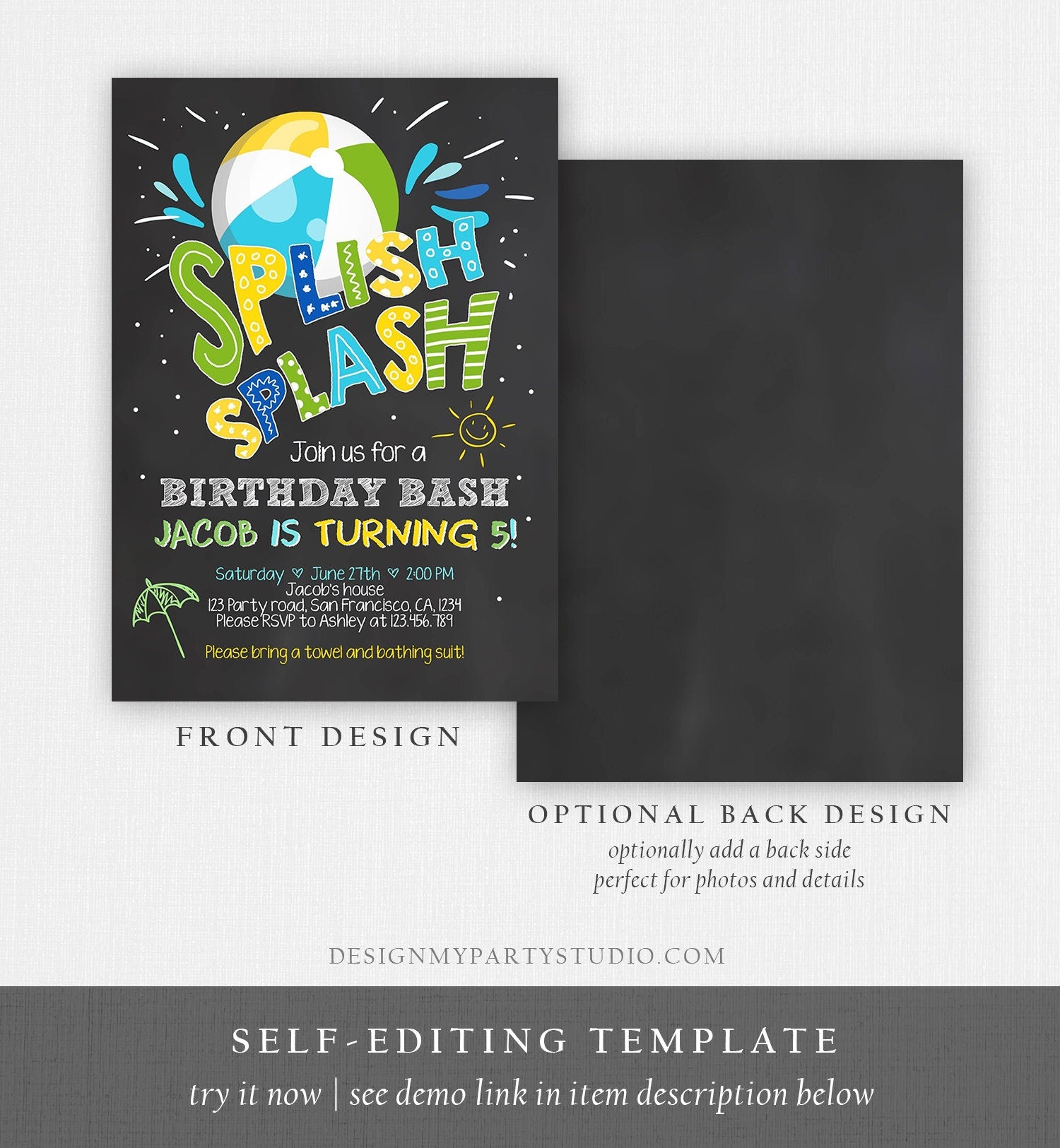 Editable Splish Splash Birthday Invitation Pool Party Boy Beach Ball Blue Green Birthday Bash Download Printable Invite Template Corjl 0169