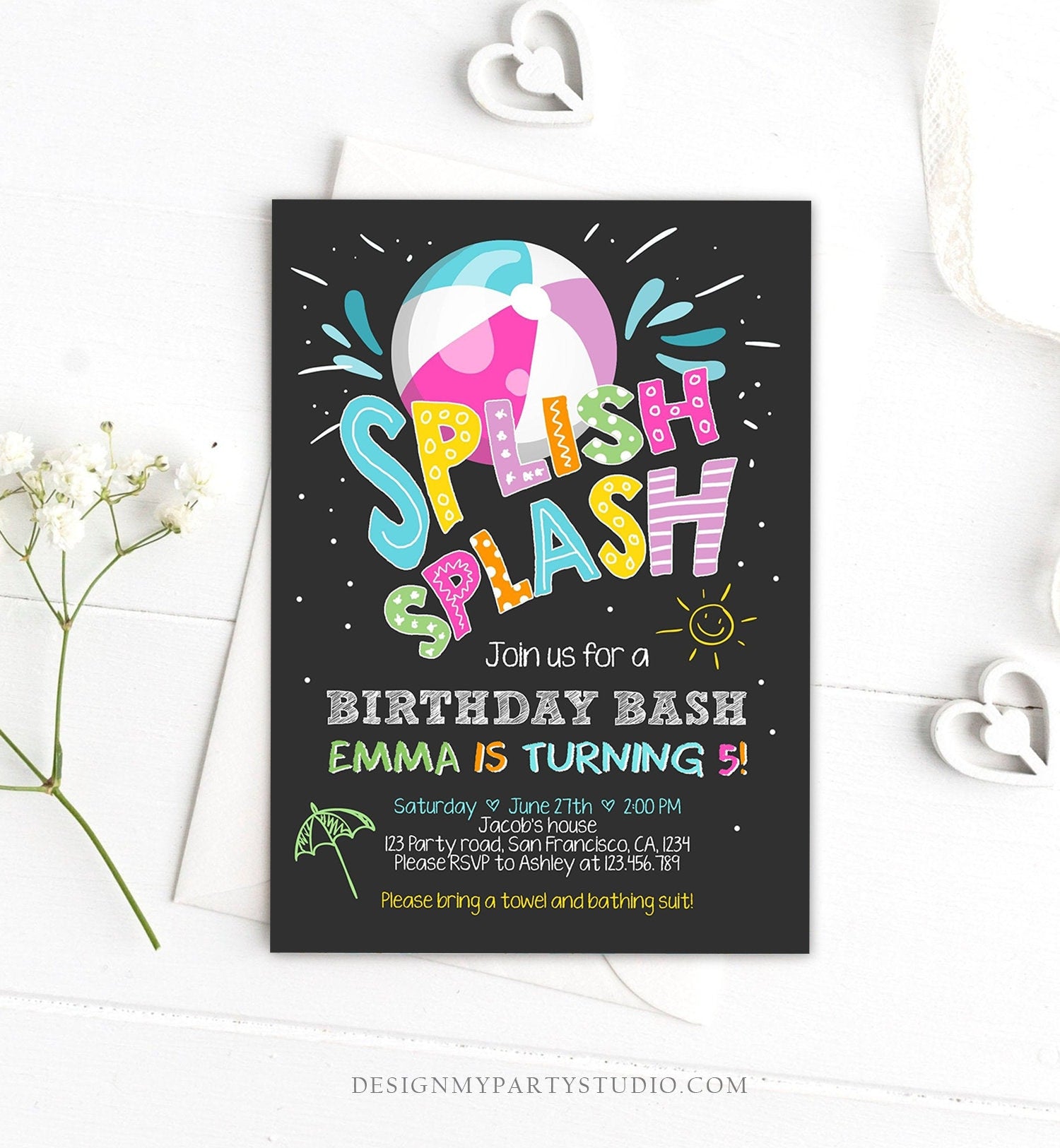 Editable Splish Splash Birthday Invitation Pool Party Beach Ball Pink Girl Birthday Bash Download Printable Invite Template Corjl 0169