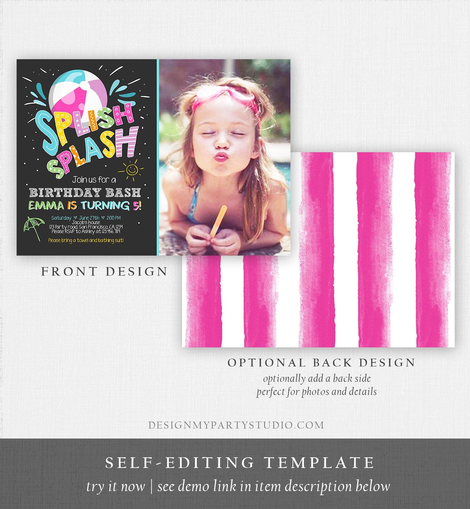 Editable Splish Splash Birthday Invitation Pool Party Beach Ball Pink Girl Birthday Bash Digital Download Template Printable Evite 0169