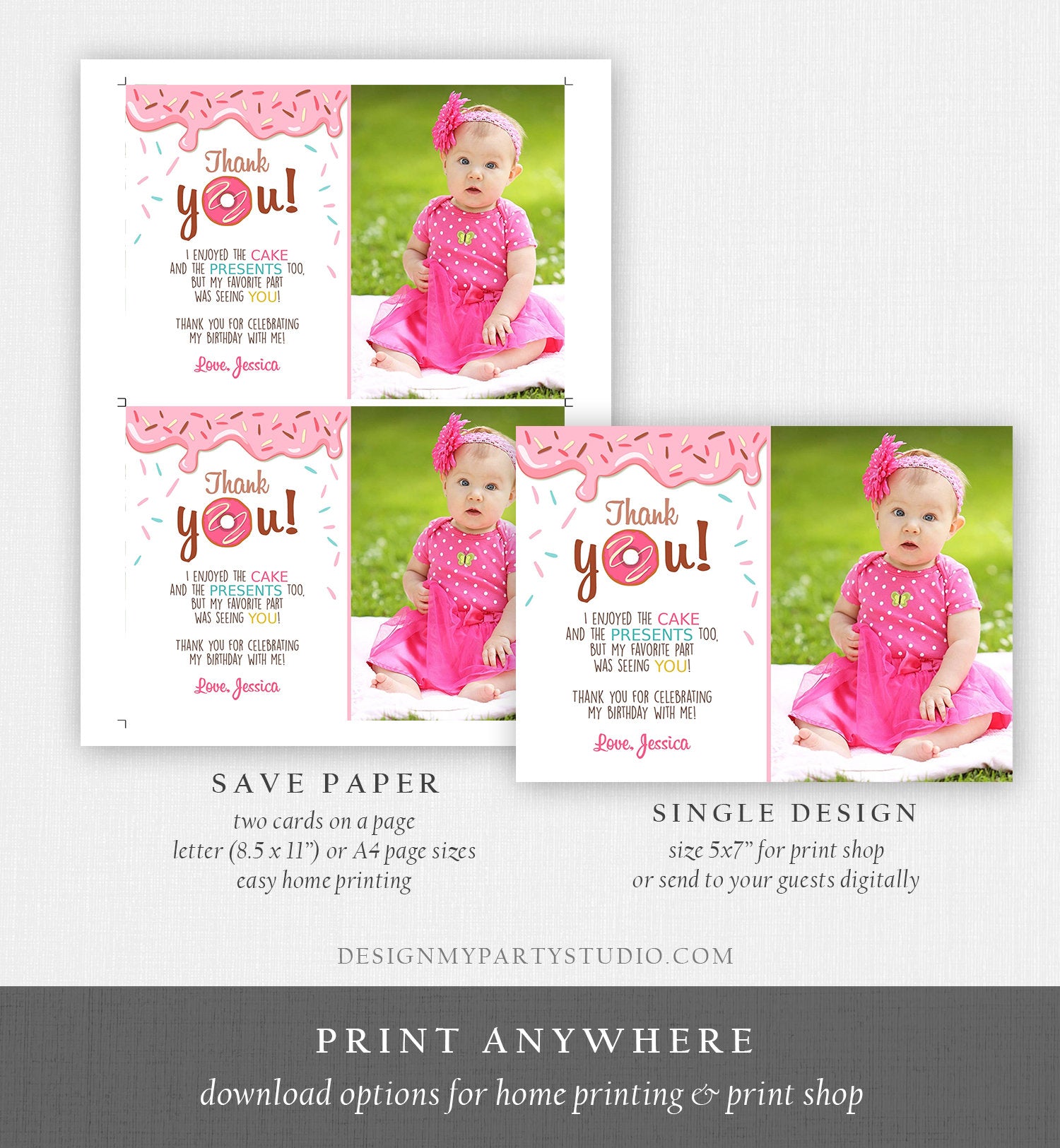 Editable Donut Thank You Card Note Pink Girl Birthday Party Doughnut Thank You Photo Sweet First Birthday 1st Corjl Template Printable 0050