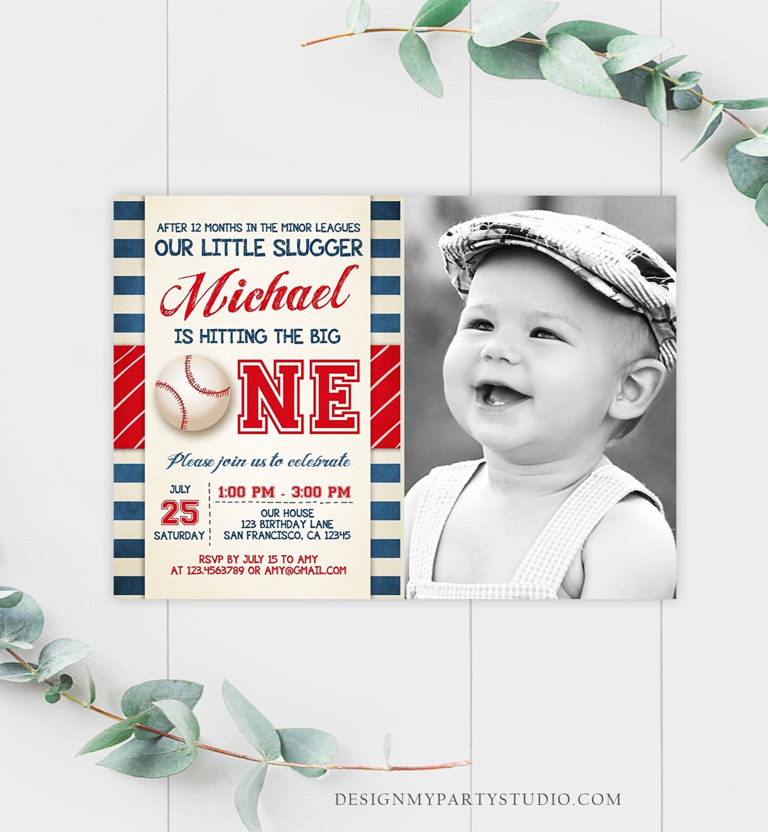 Editable Baseball First Birthday Invitation Boy Little Slugger Rookie of The Year Download Printable Invitation Template Digital Evite 0069