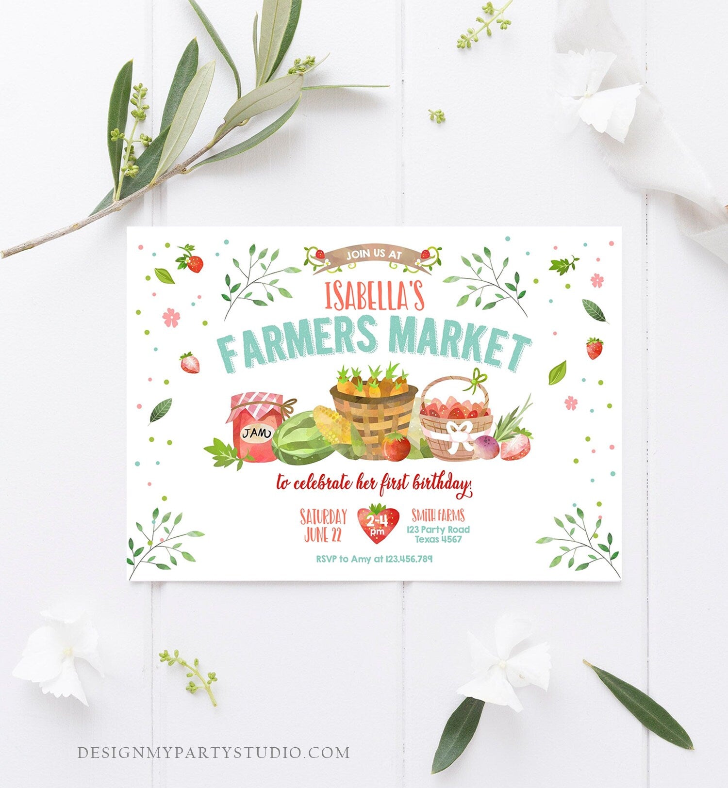 Editable Farmers Market Birthday Invitation Strawberry Farm Party Fruits Market Home Grown Digital Download Evite Template Printable 0144