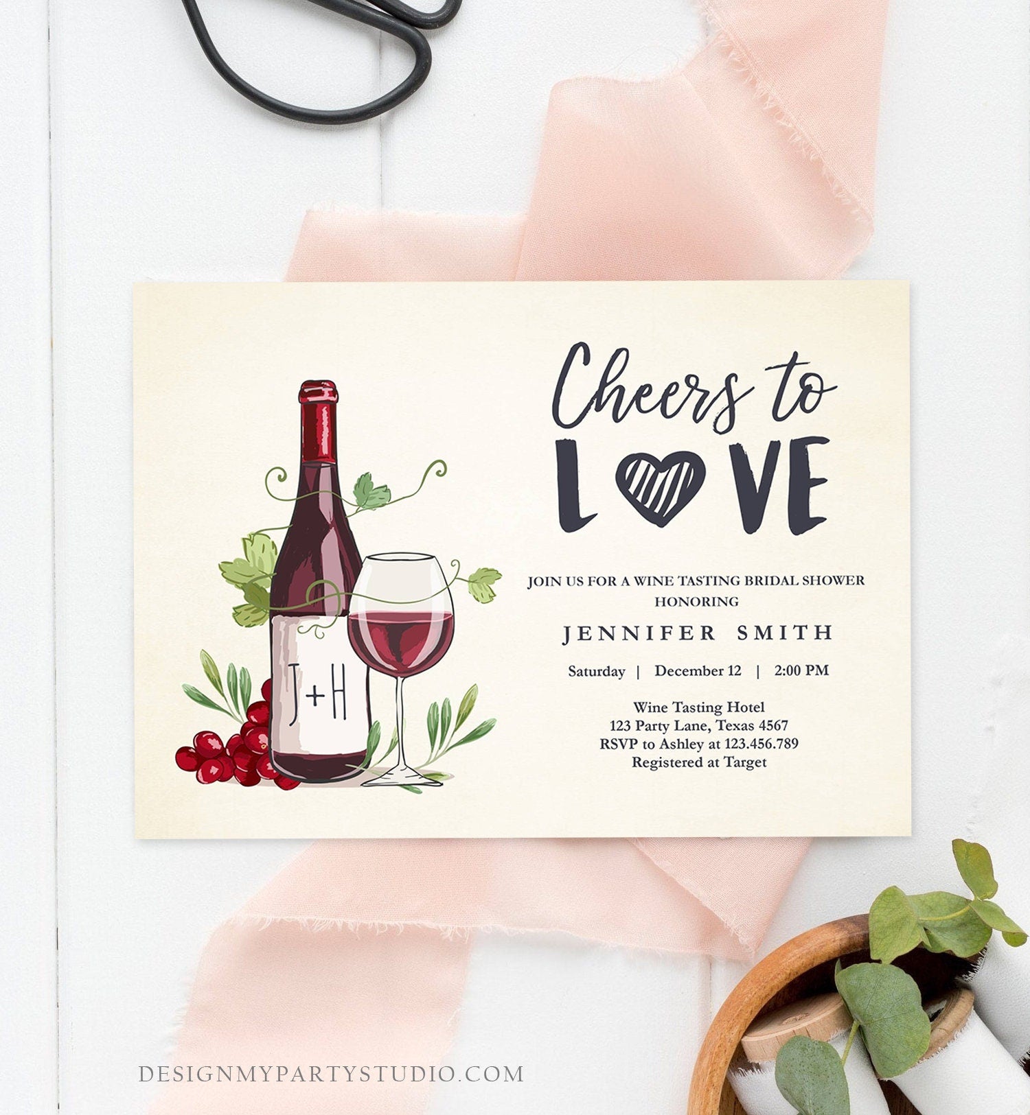 Editable Wine Bridal Shower Invitation Rustic Winery Cheers To Love Country Wine Tasting Couples Download Evite Template Printable 0234