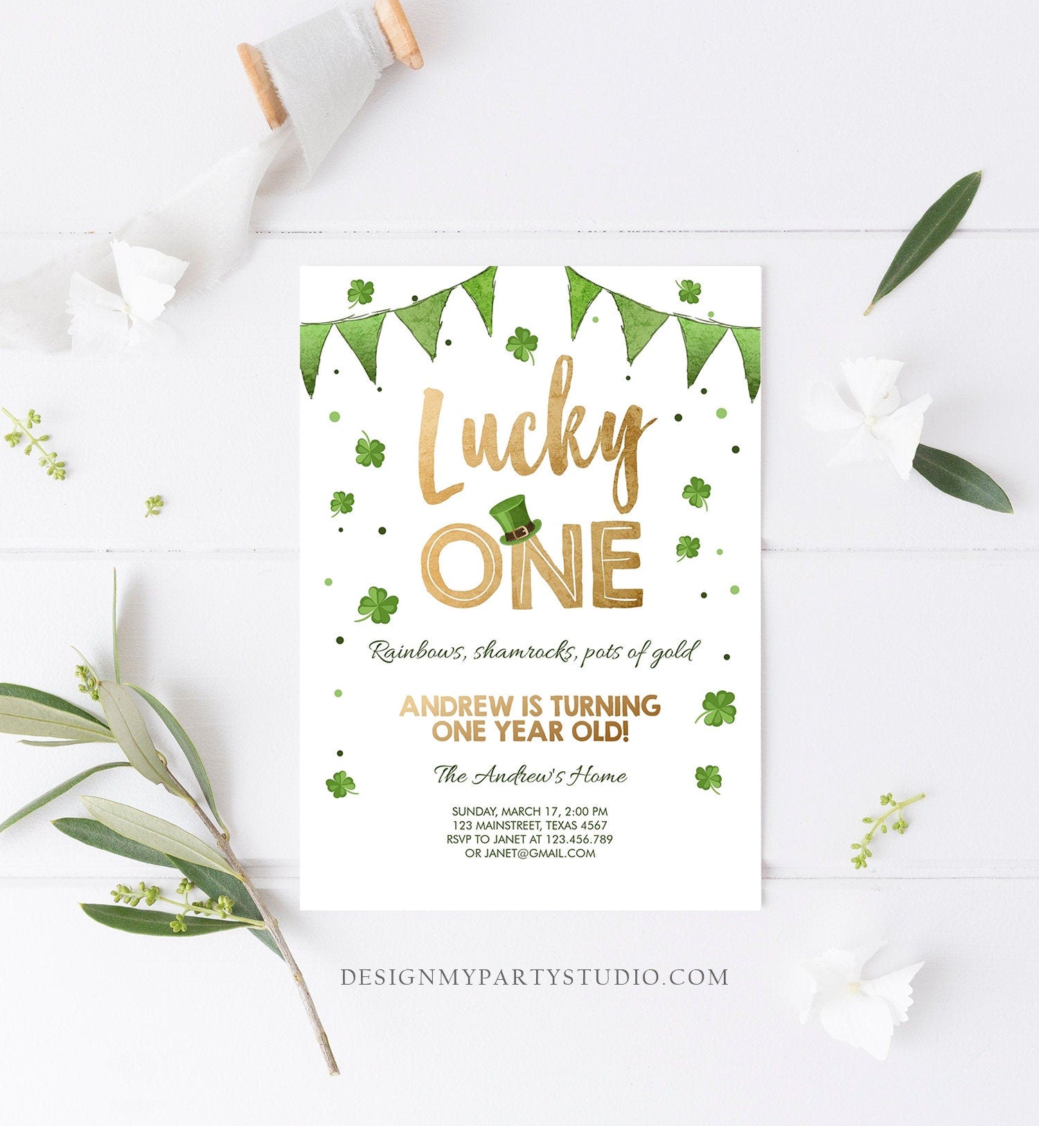 Editable Lucky One Birthday Invitation Shamrock Clover St Patricks Day Digital Download Template Printable 0115
