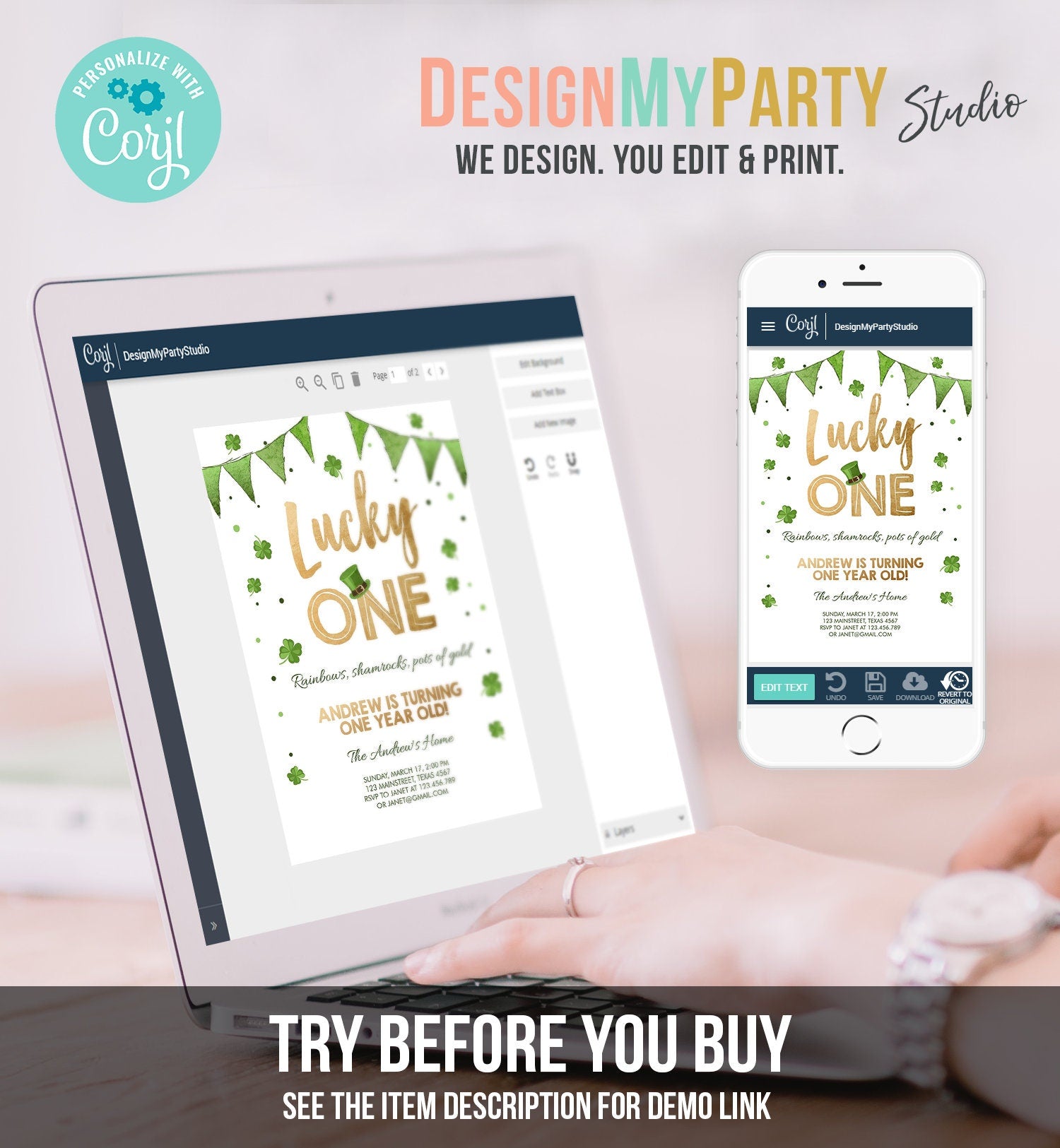 Editable Lucky One Birthday Invitation Shamrock Clover St Patricks Day Digital Download Template Printable 0115