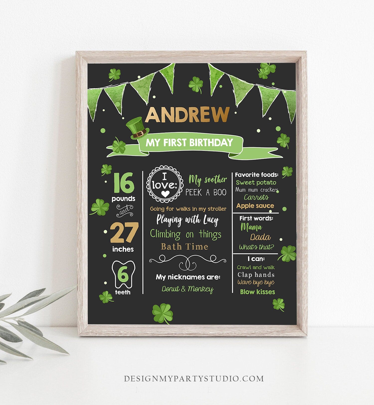 Editable St Patricks Day Milestones Sign Lucky One Birthday Shamrock 1st Birthday Gold Green Clover Chalkboard Template Printable Corjl 0115
