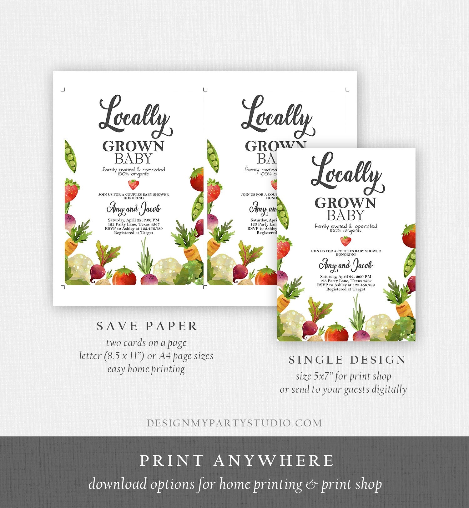 Editable Locally Grown Baby Shower Invitation Farmers Market Fruits and Veggies Vegetable Digital Download Evite Template Printable 0144