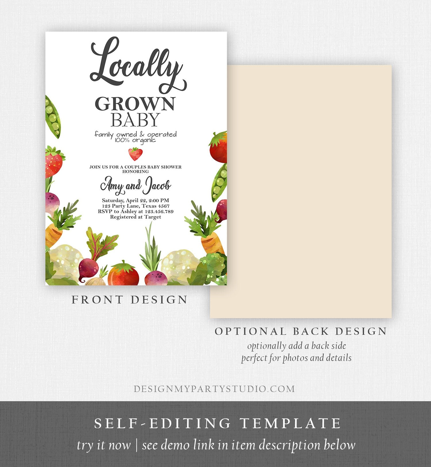 Editable Locally Grown Baby Shower Invitation Farmers Market Fruits and Veggies Vegetable Digital Download Evite Template Printable 0144