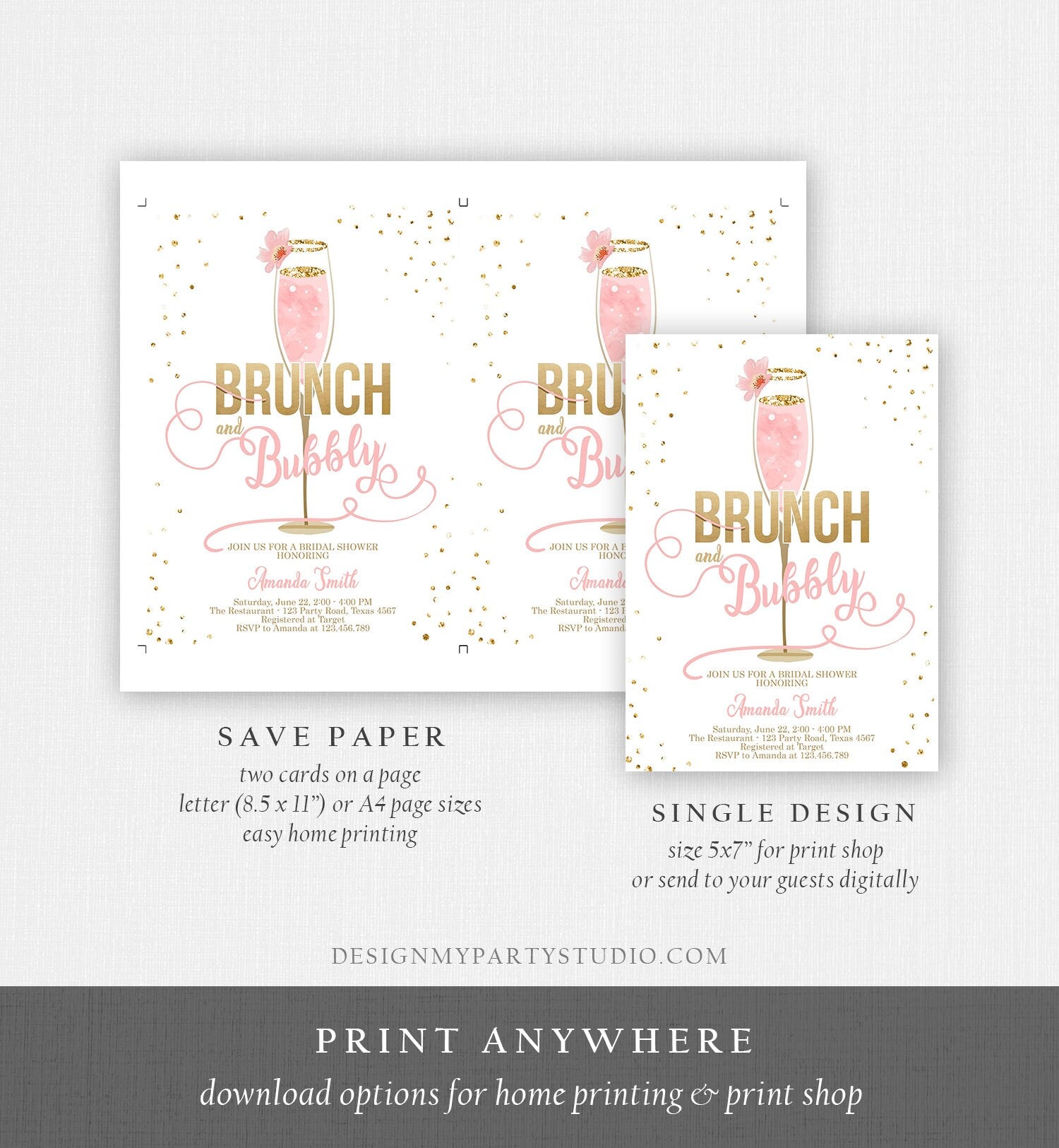Editable Brunch and Bubbly Bridal Shower Invitation Floral Champagne Gold Pink Wedding Digital Download Corjl Template Printable 0150