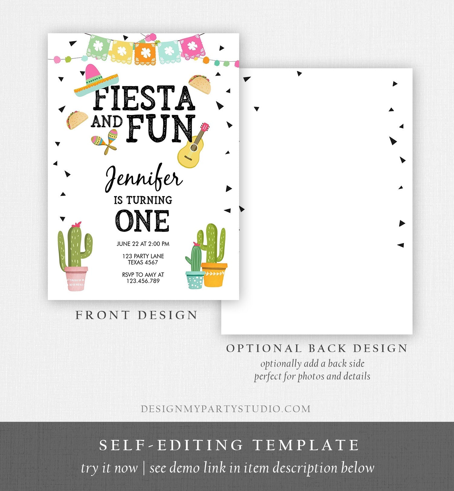 Editable Fiesta and Fun Birthday Invitation Girl First Fiesta Cactus Sombrero Mexican Digital Download Evite Template Printable 0161