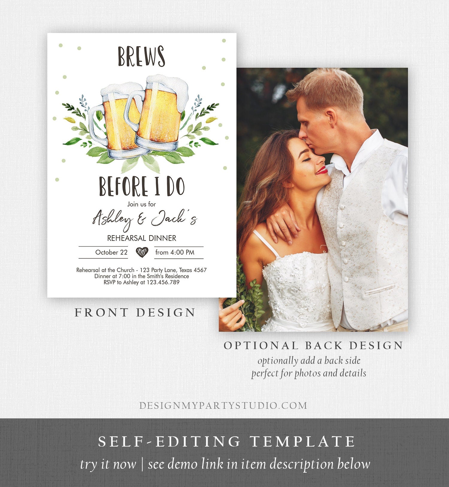 Editable Brews Before I Do Invitation Rehearsal Dinner Invitation Rustic Greenery Couples Shower Digital Download Template Printable 0190
