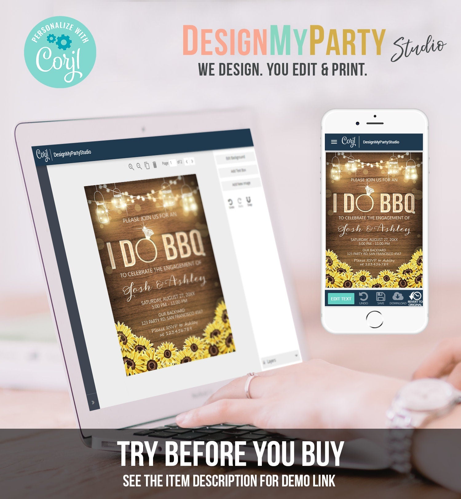 Editable I Do BBQ Invitation Couples Shower Engagement Party Rustic Wood Lights Sunflowers Digital Download Evite Template Printable 0015