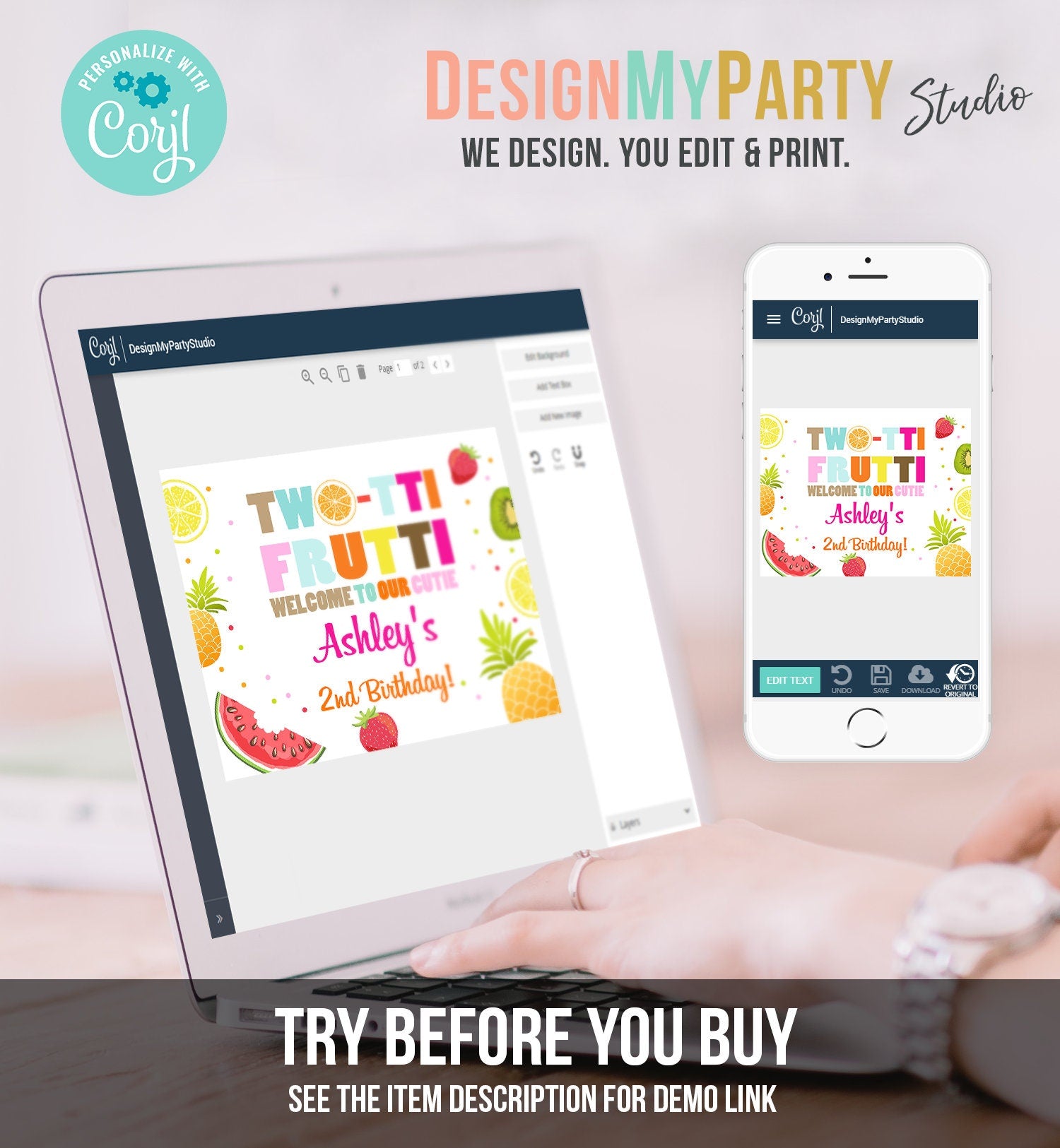 Editable Welcome Sign Two-tti Frutti Birthday Two-tti Fruity Party Fruit Tropical Summer Download Printable Template Digital Corjl 0127