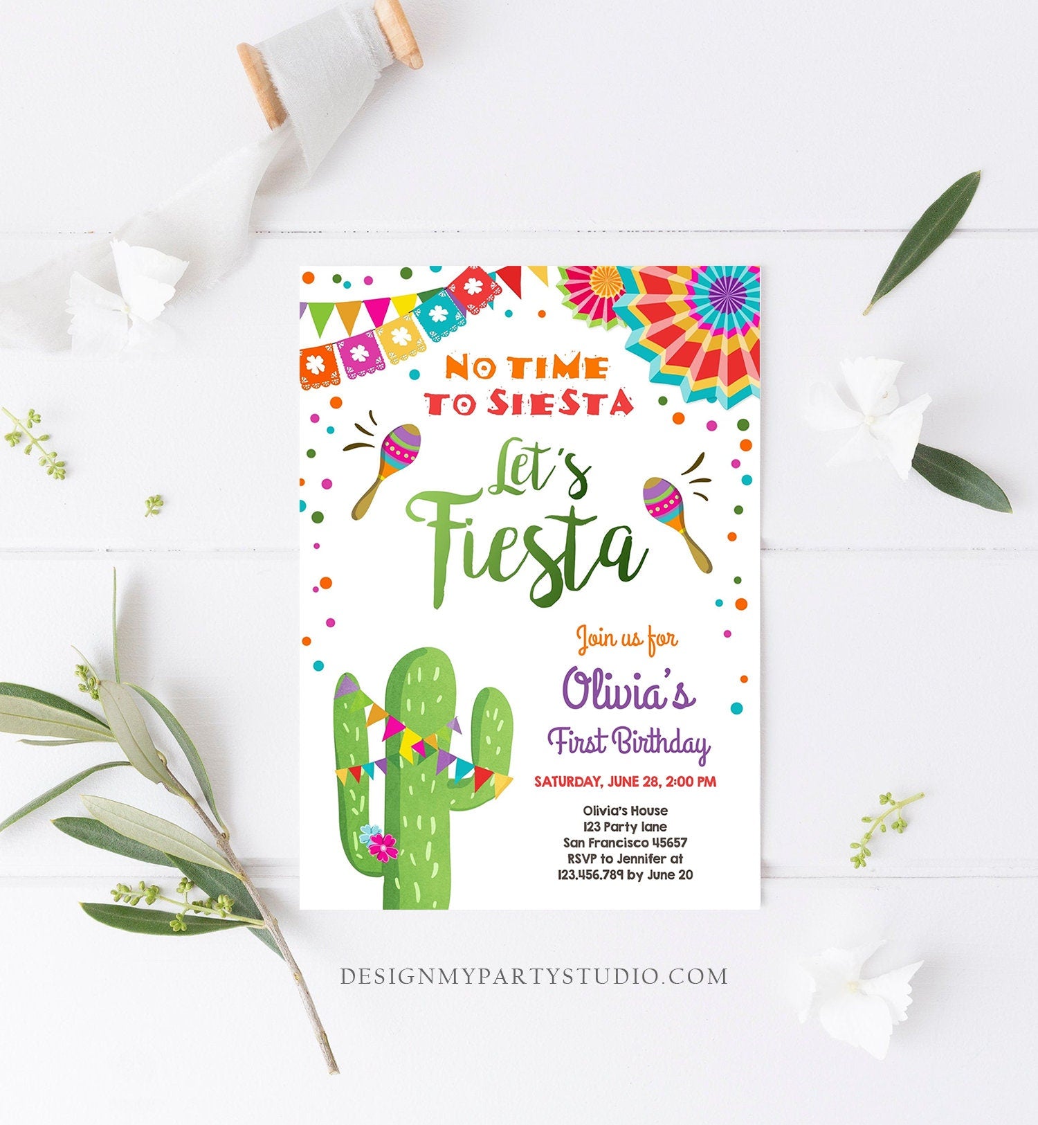 Editable Let's Fiesta Birthday Invitation No Time To Siesta Girl Cactus Samba Confetti First 1st Digital Download Template Printable 0045