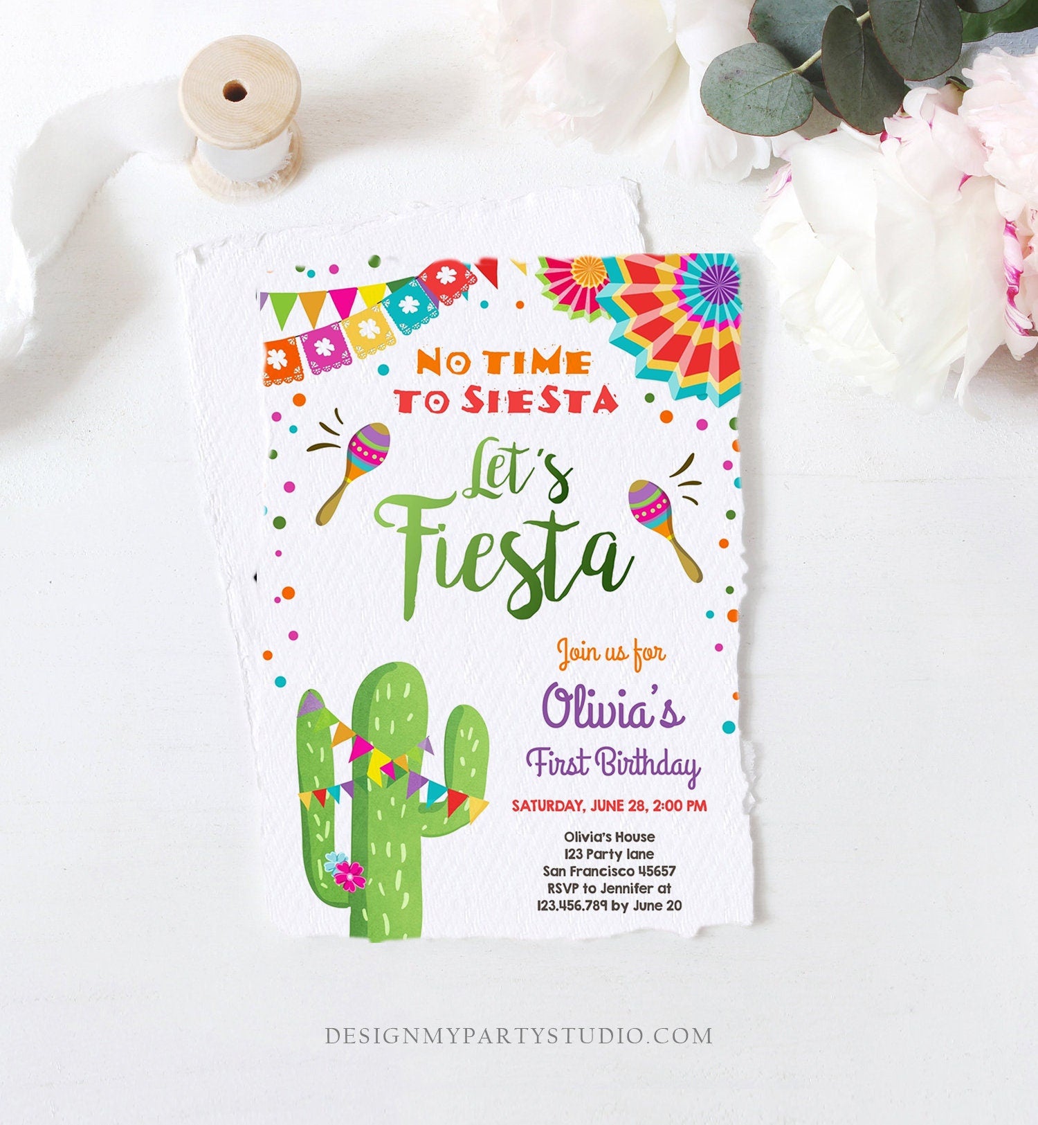 Editable Let's Fiesta Birthday Invitation No Time To Siesta Girl Cactus Samba Confetti First 1st Digital Download Template Printable 0045