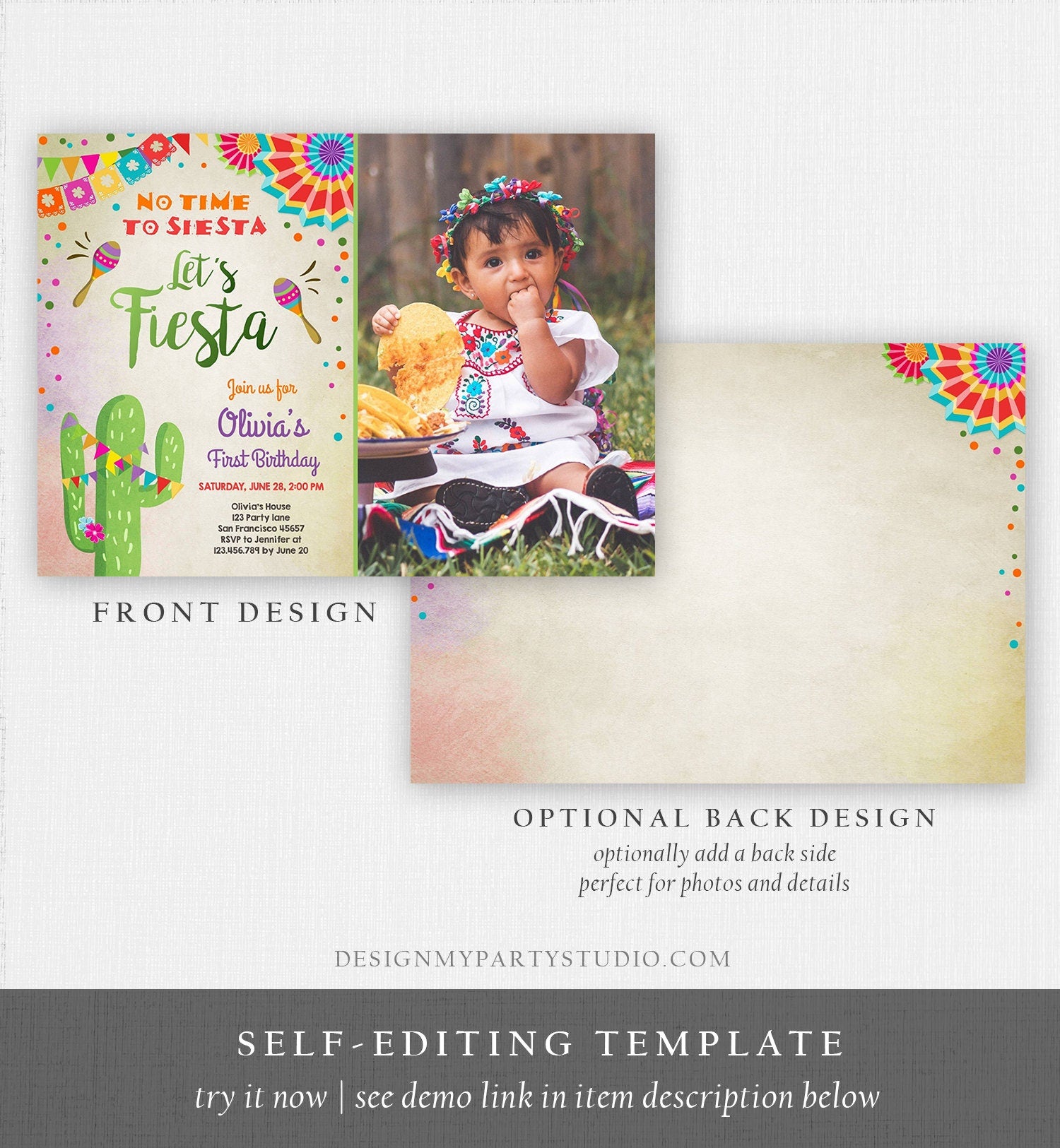 Editable Let's Fiesta Birthday Invitation No Time To Siesta Girl Cactus Samba Confetti First Birthday Photo Corjl Template Printable 0045