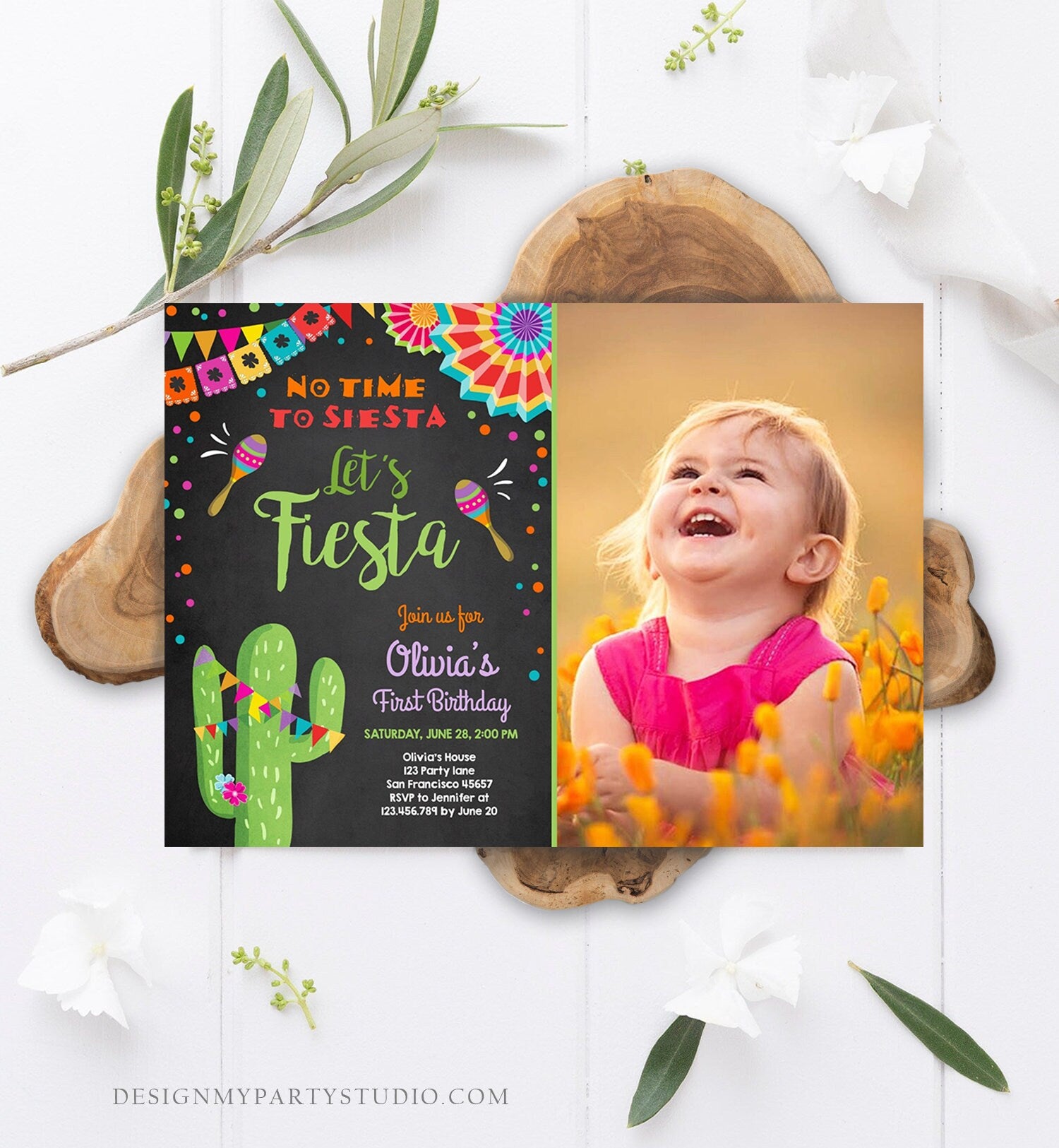 Editable Let's Fiesta Birthday Invitation No Time To Siesta Girl Cactus Samba Confetti First Birthday Download Corjl Template Printable 0045