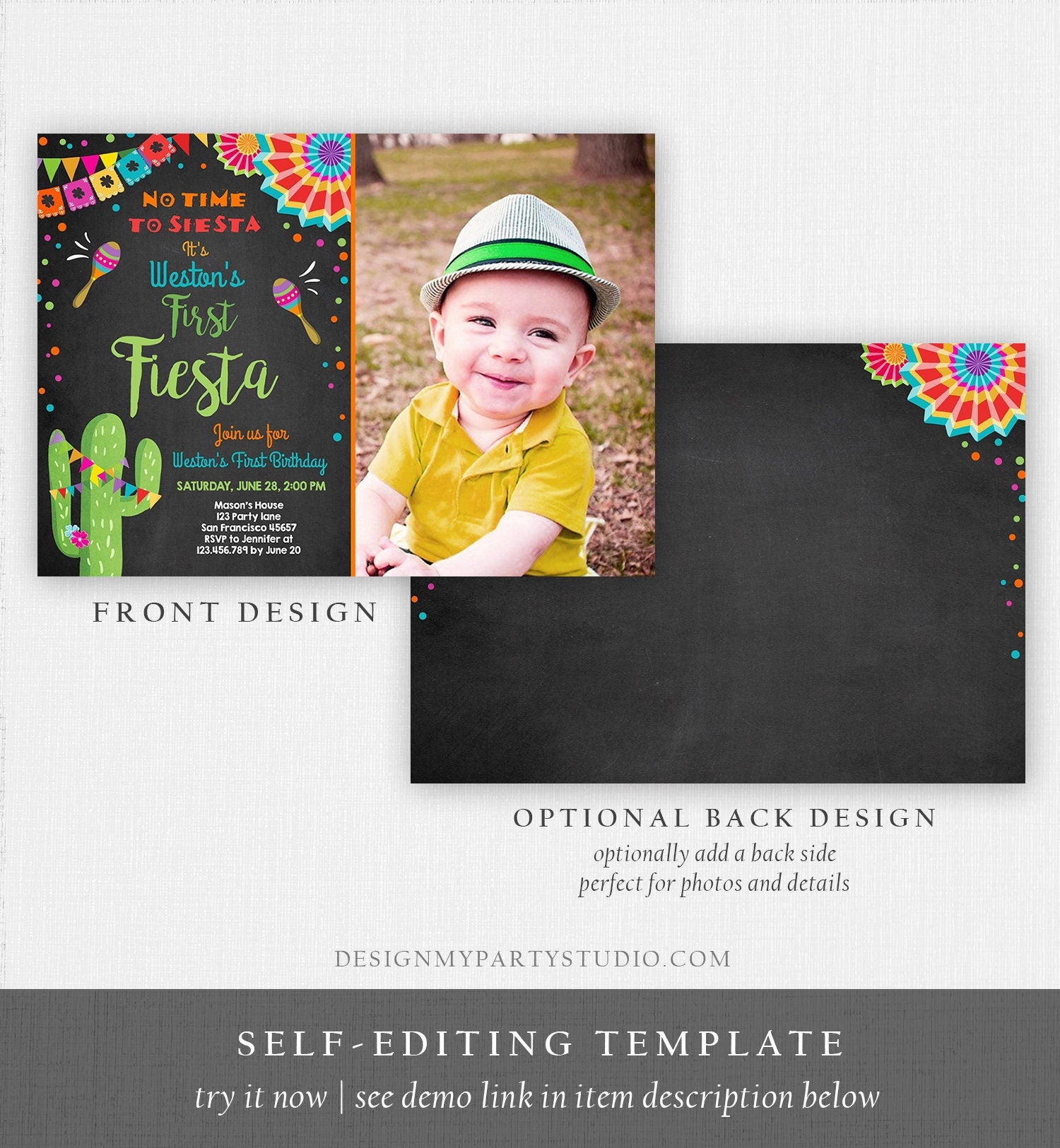 Editable First Fiesta Birthday Invitation Let's Fiesta No Time To Siesta Cactus Mexican Boy Samba Digital Evite Template Printable 0045
