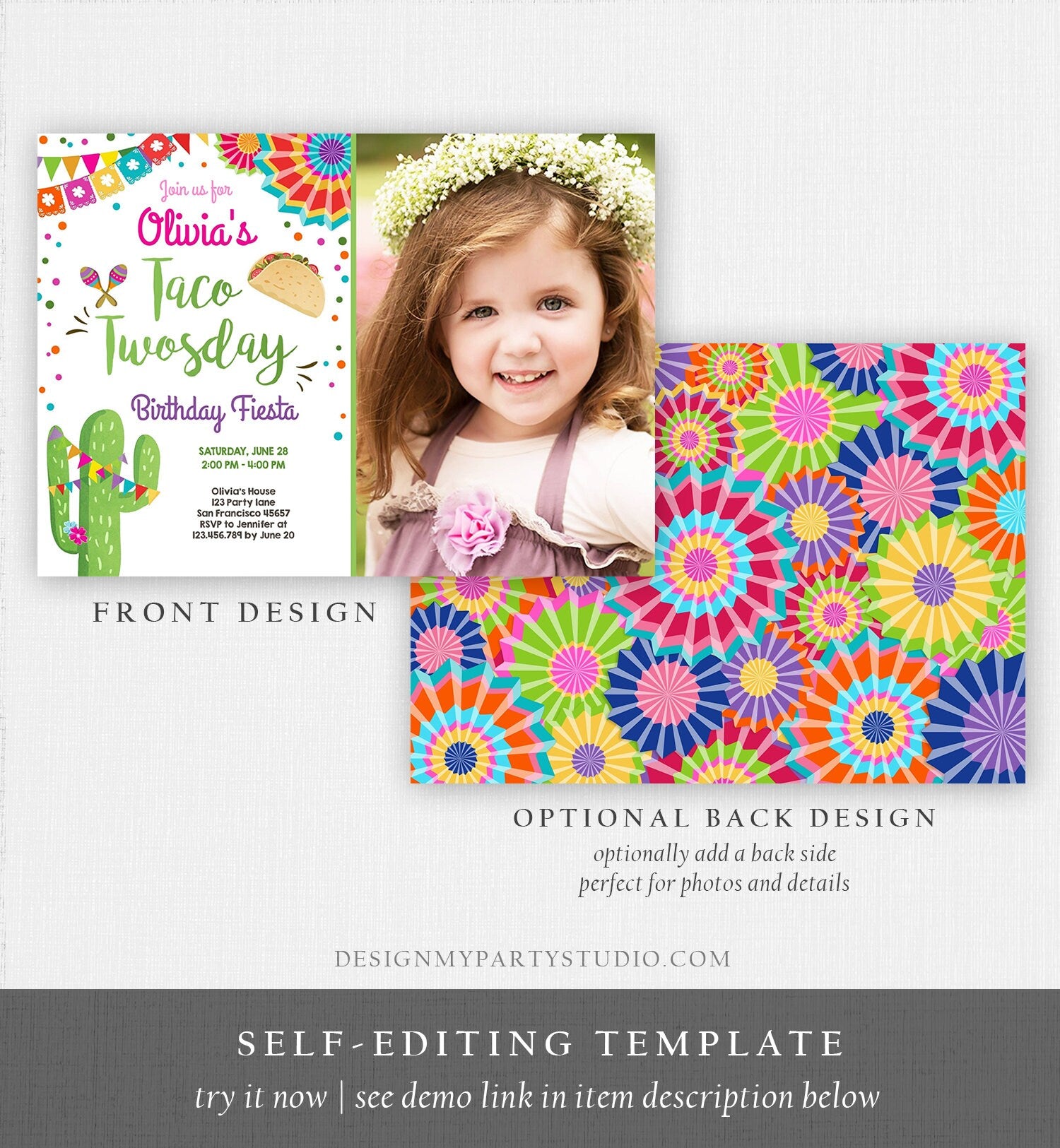 Editable Taco Twosday Invitation Girl Cactus Samba Twosday Second Birthday Fiesta 2nd Download Printable Invitation Template Evite 0045