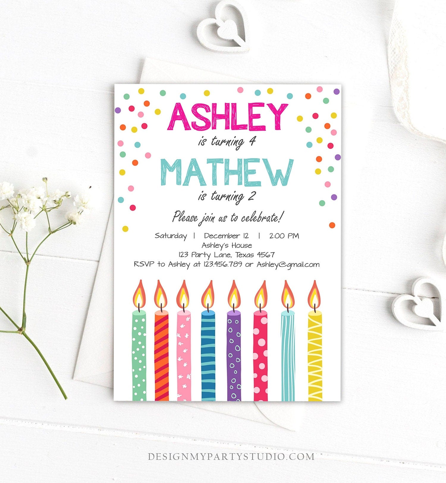 Editable Joint Twin Birthday Invitation Twins Confetti Siblings Birthday Party Boy Girl Download Printable Template Digital Corjl 0277