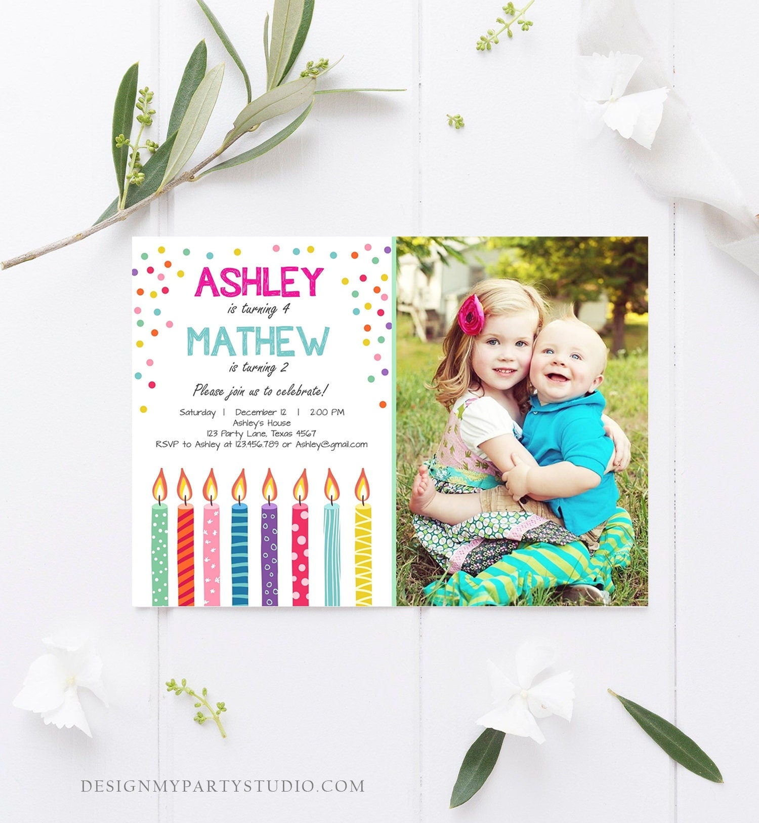 Editable Joint Twin Birthday Invitation Twins Confetti Siblings Birthday Party Boy Girl Download Printable Template Digital Corjl 0277